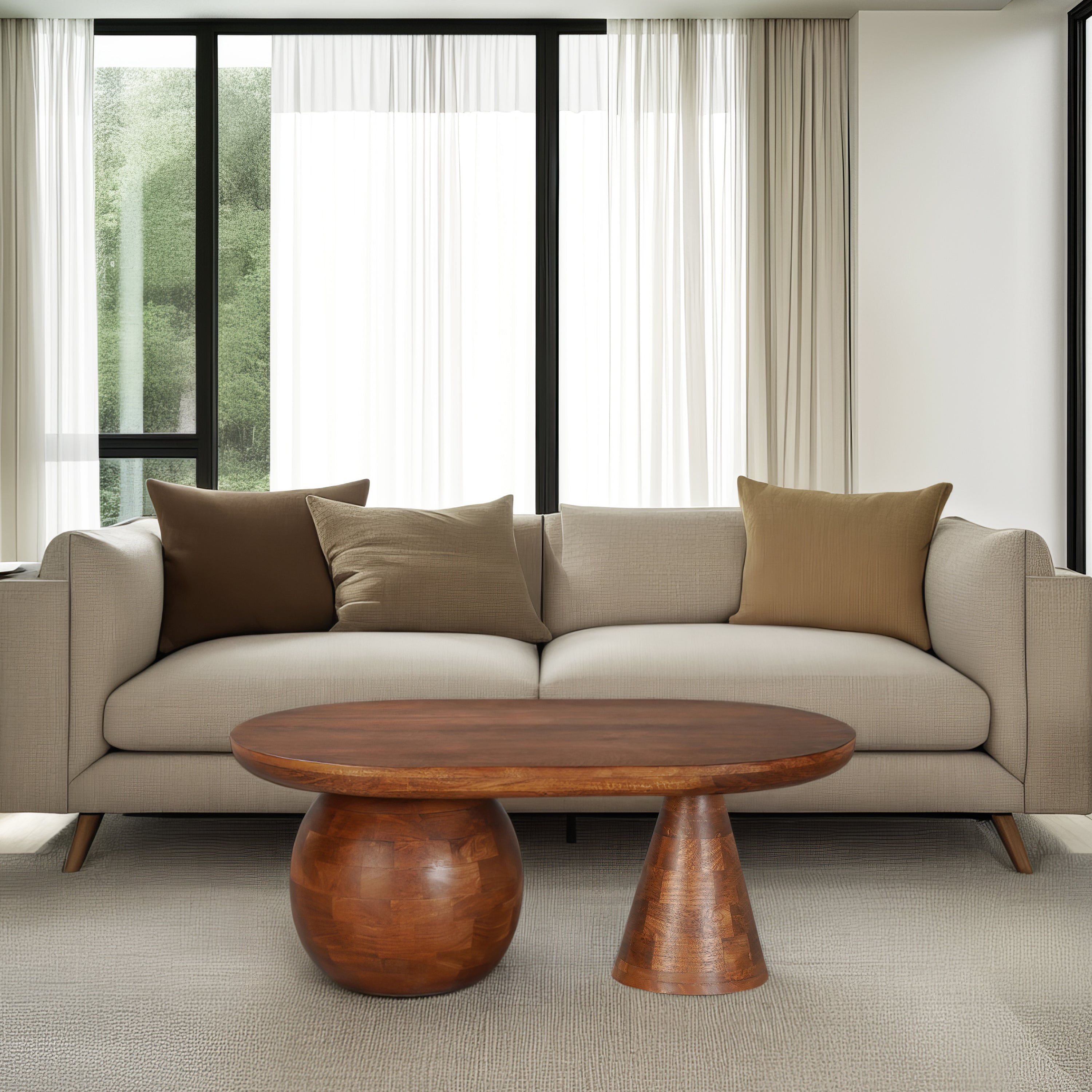 The Urban Port Leeds Coffee Table | 38" Handmade Walnut Brown Mango Wood Oval Top | Round Ball And Cone Base