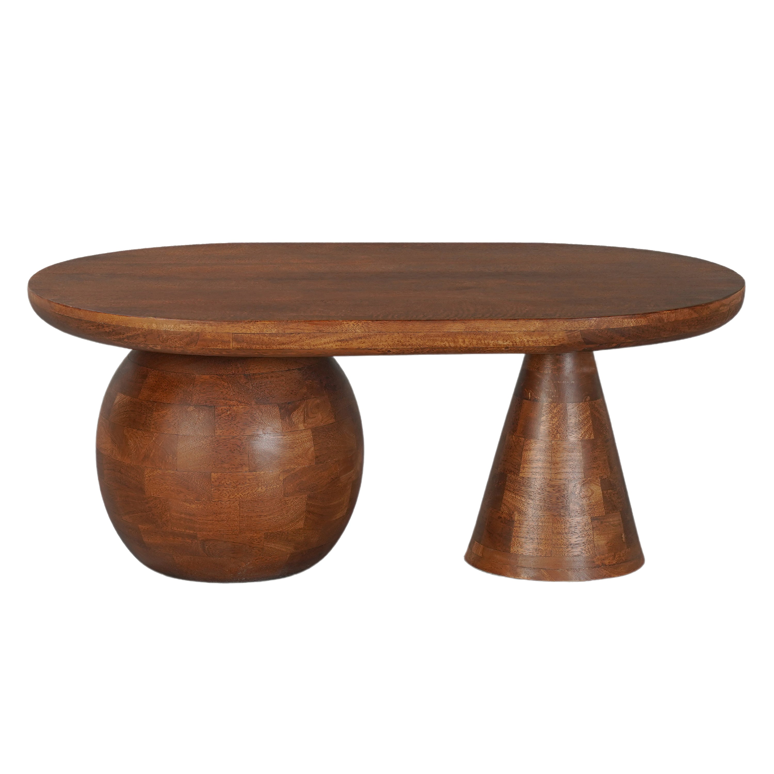 The Urban Port Leeds Coffee Table | 38" Handmade Walnut Brown Mango Wood Oval Top | Round Ball And Cone Base