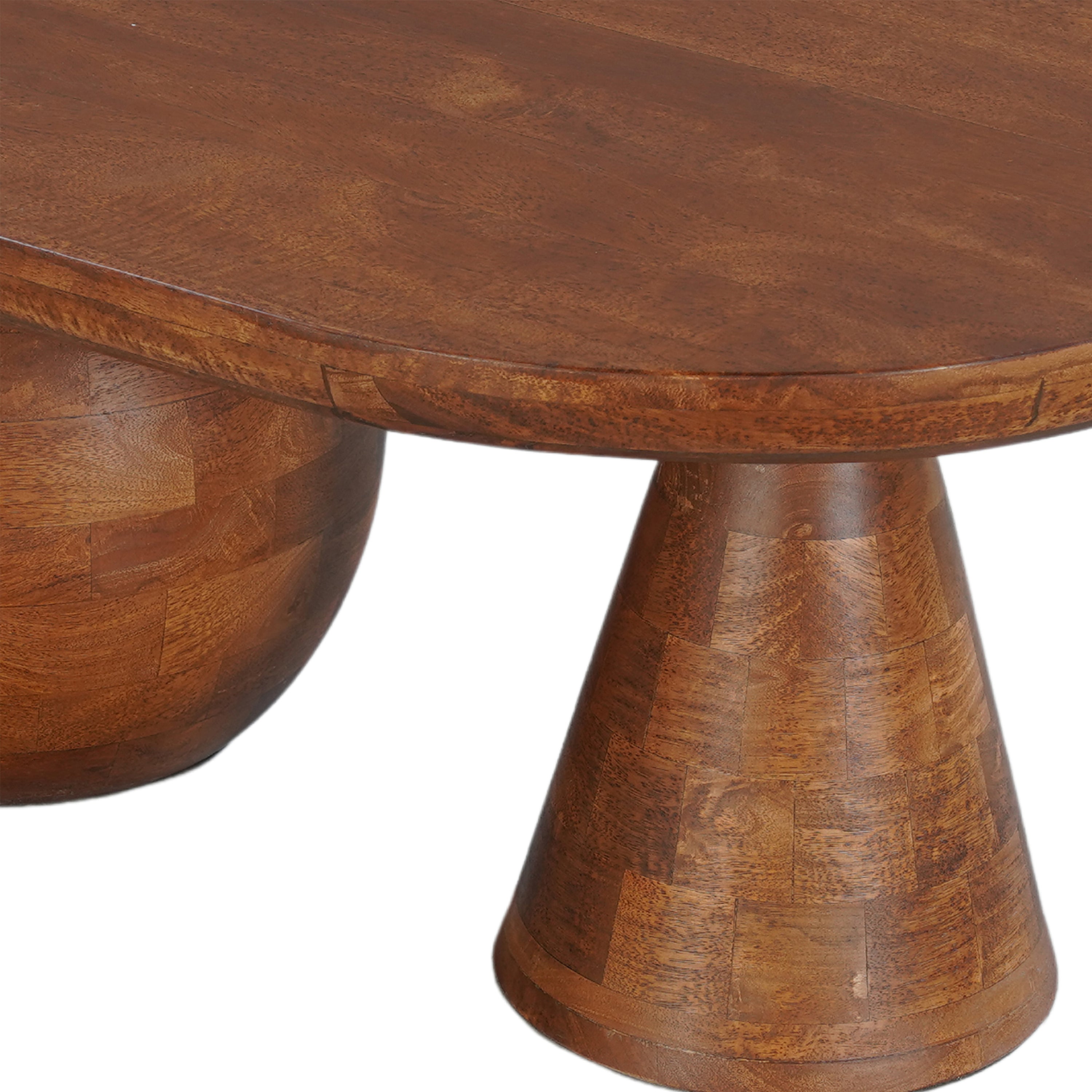 The Urban Port Leeds Coffee Table | 38" Handmade Walnut Brown Mango Wood Oval Top | Round Ball And Cone Base