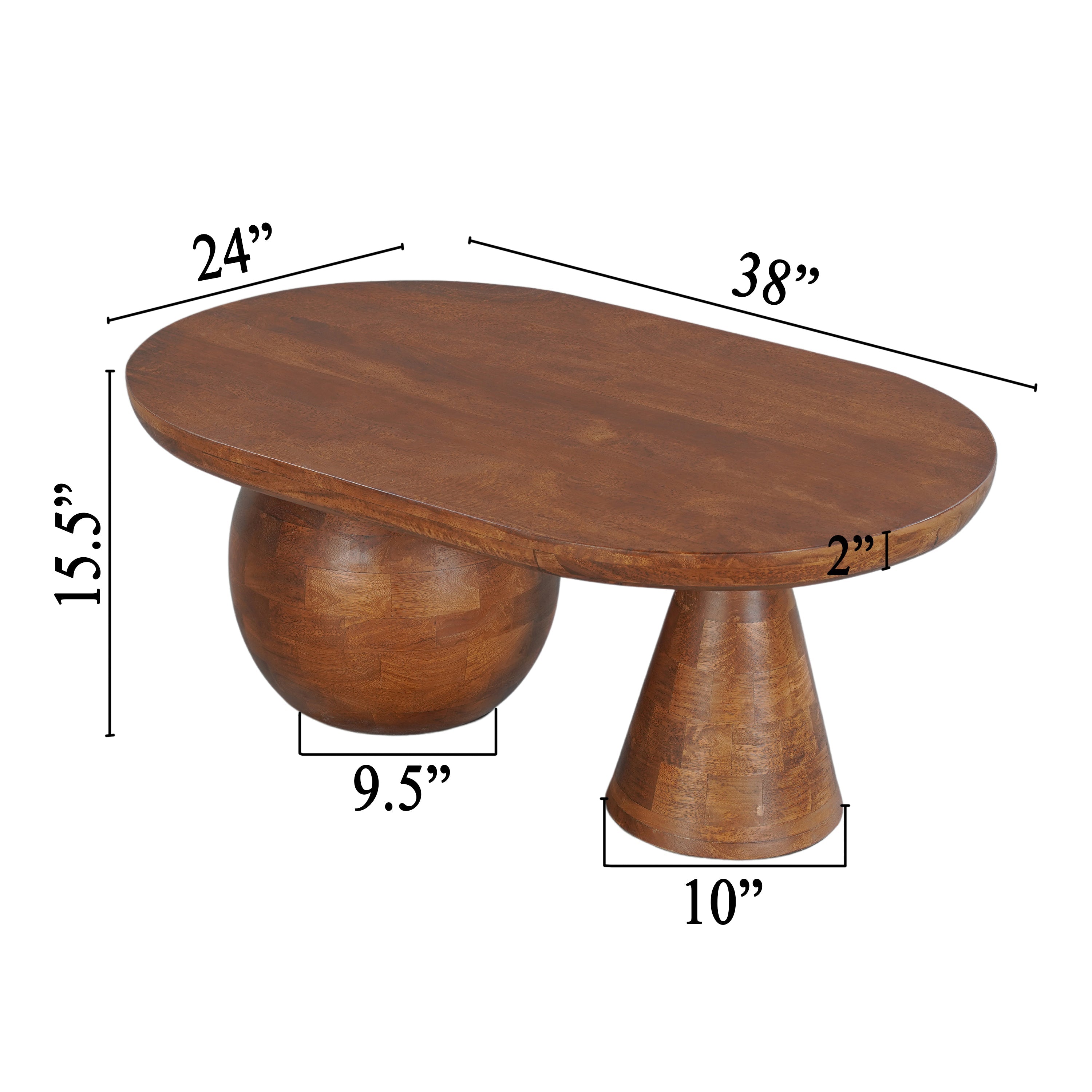 The Urban Port Leeds Coffee Table | 38" Handmade Walnut Brown Mango Wood Oval Top | Round Ball And Cone Base