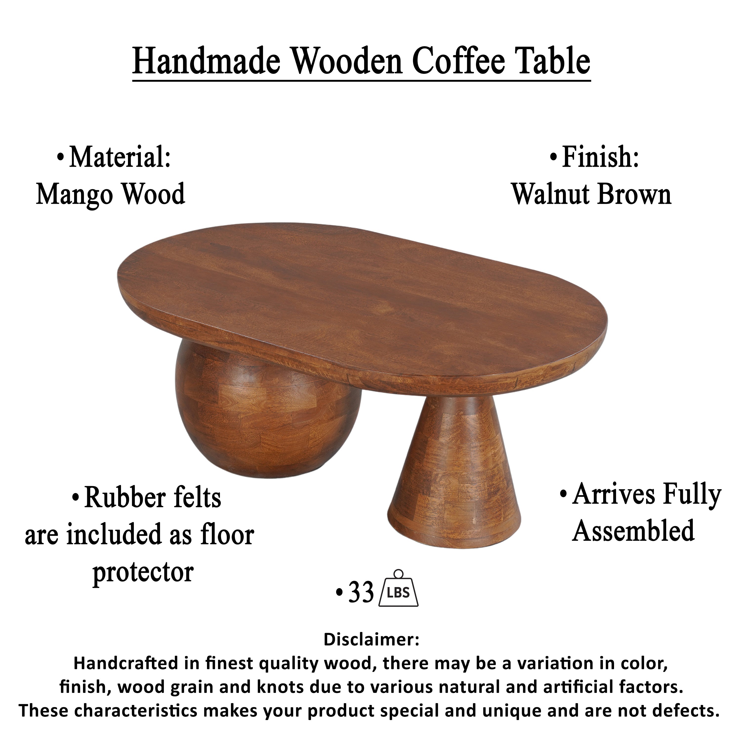 The Urban Port Leeds Coffee Table | 38" Handmade Walnut Brown Mango Wood Oval Top | Round Ball And Cone Base