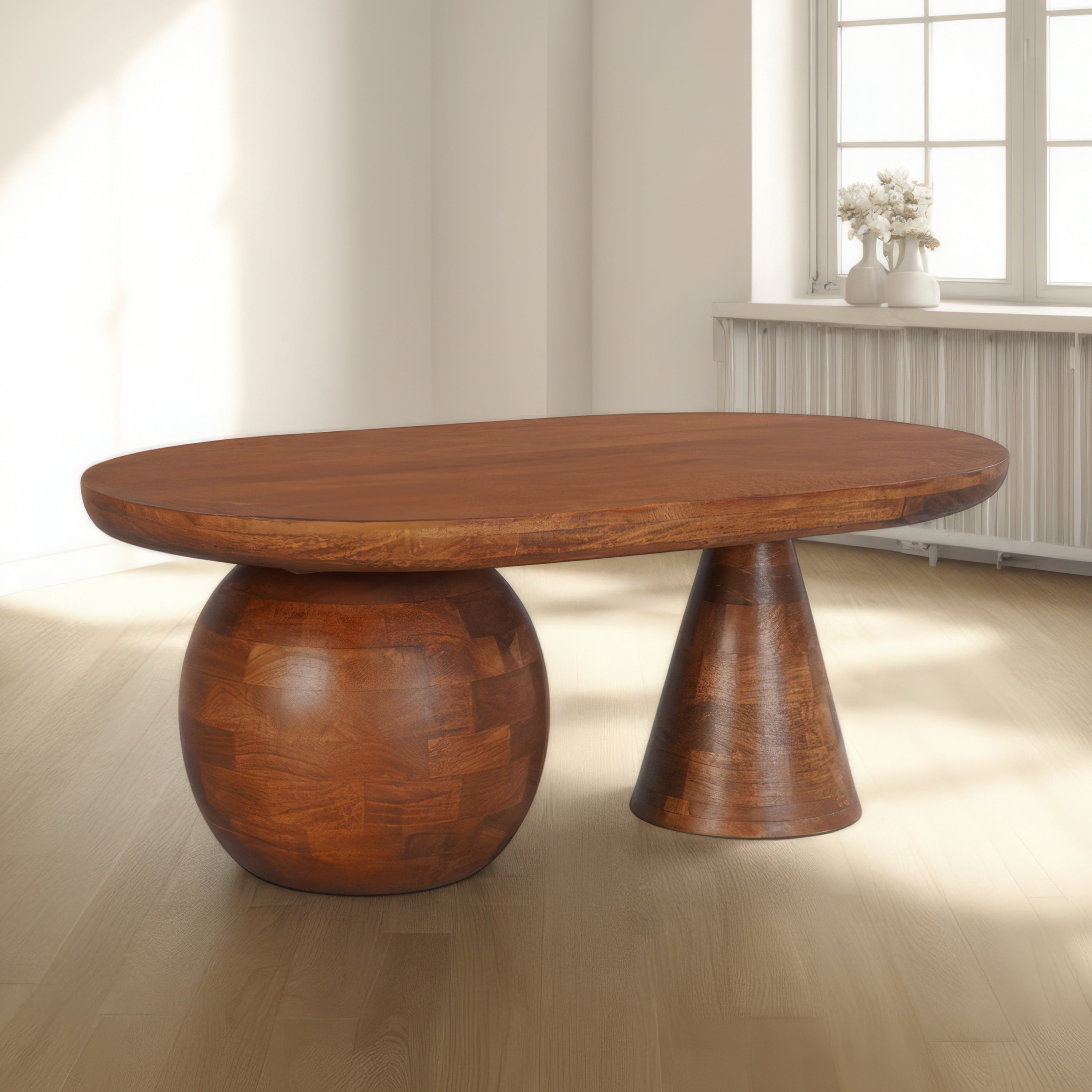 The Urban Port Leeds Coffee Table | 38" Handmade Walnut Brown Mango Wood Oval Top | Round Ball And Cone Base