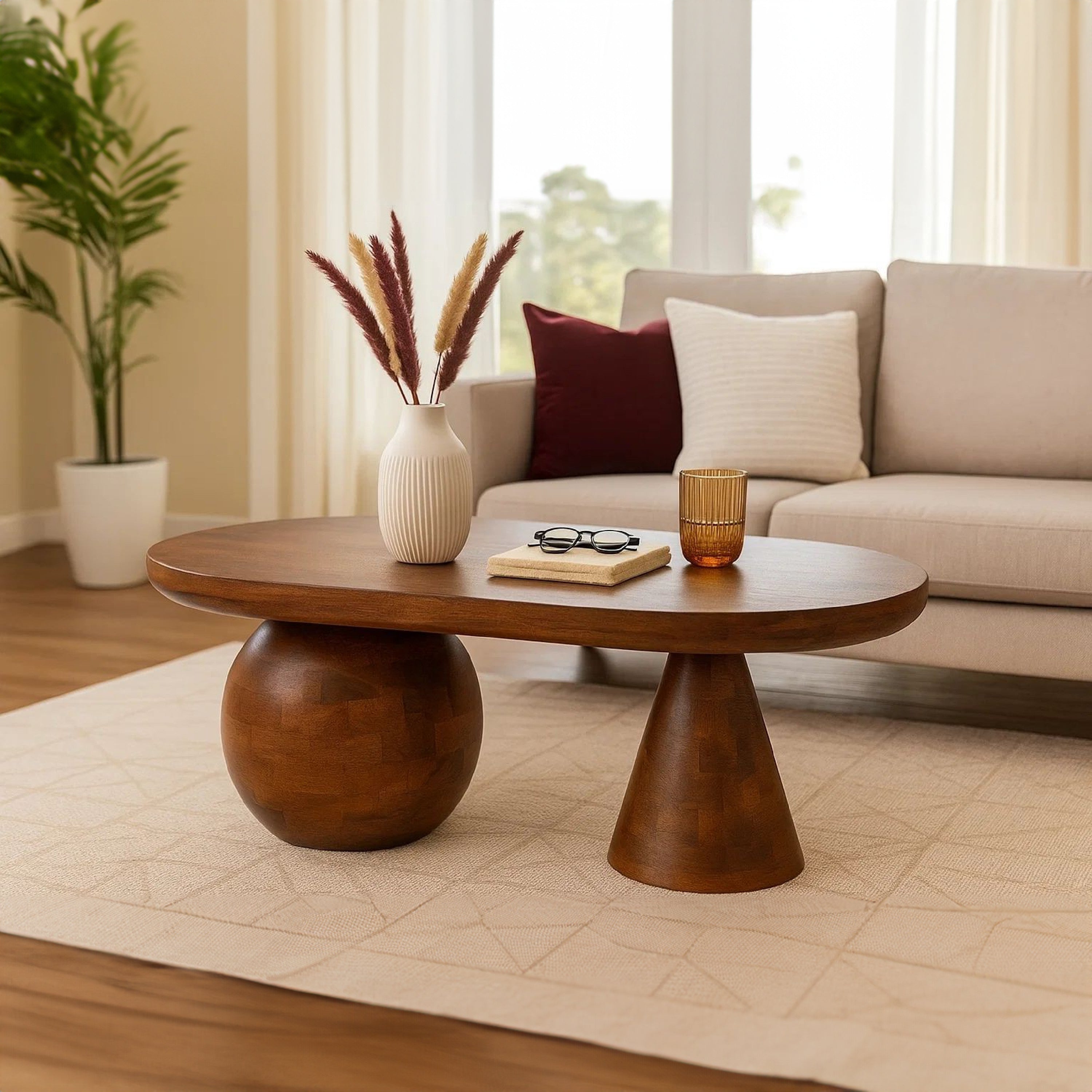 The Urban Port Leeds Coffee Table | 38" Handmade Walnut Brown Mango Wood Oval Top | Round Ball And Cone Base