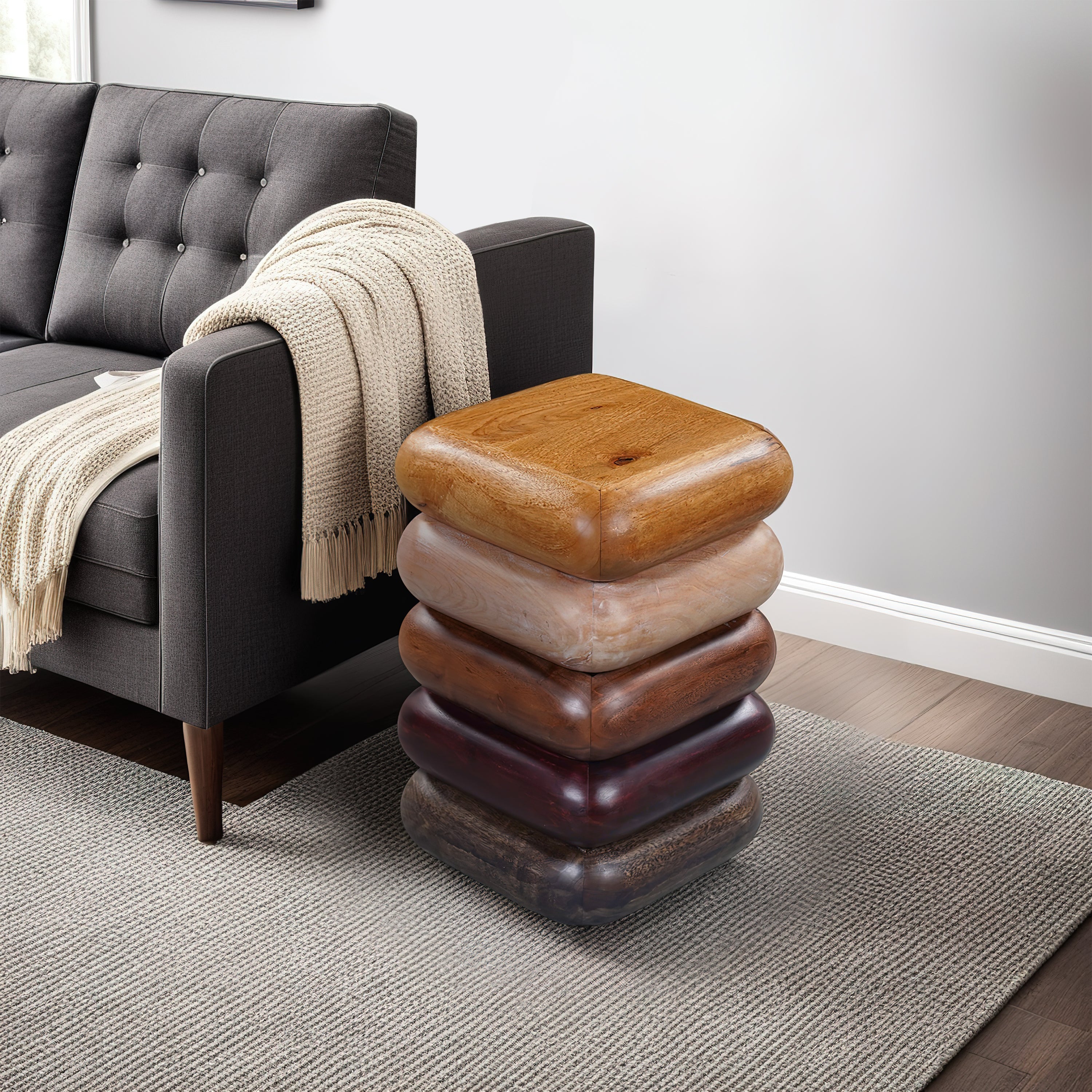 The Urban Port Zyra 18 Inch Side End Table, Sculptural Stacked Design, Mango And Acacia Wood Artisanship, Brown