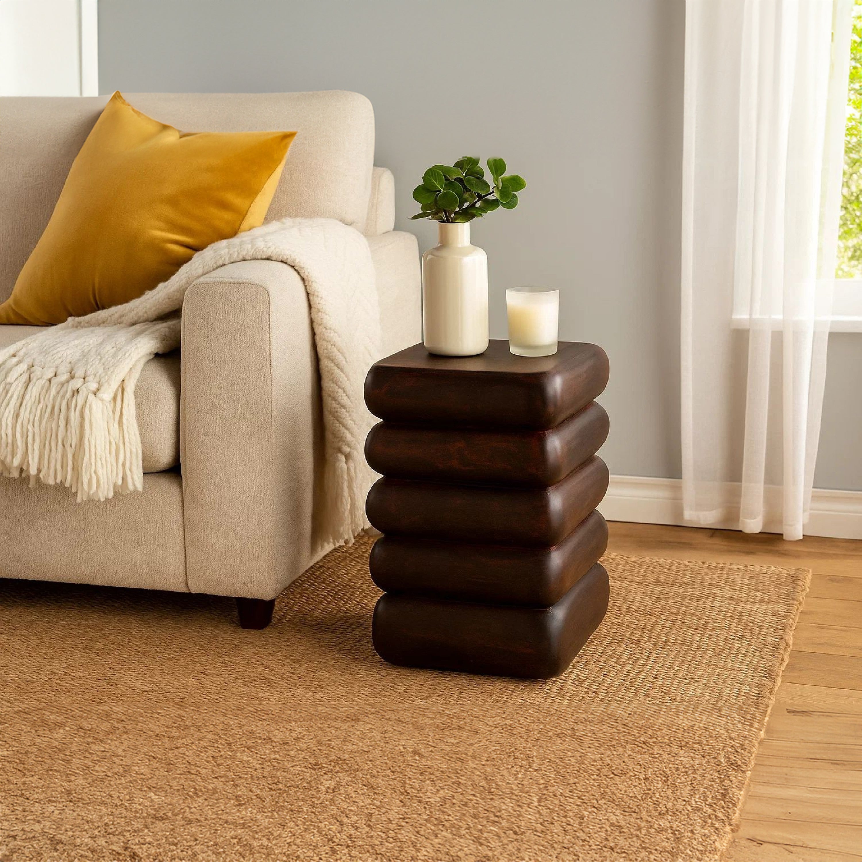 The Urban Port Zyra 18" Side End Table | Sculptural Stacked Design | Dark Cherry Brown Acacia Wood