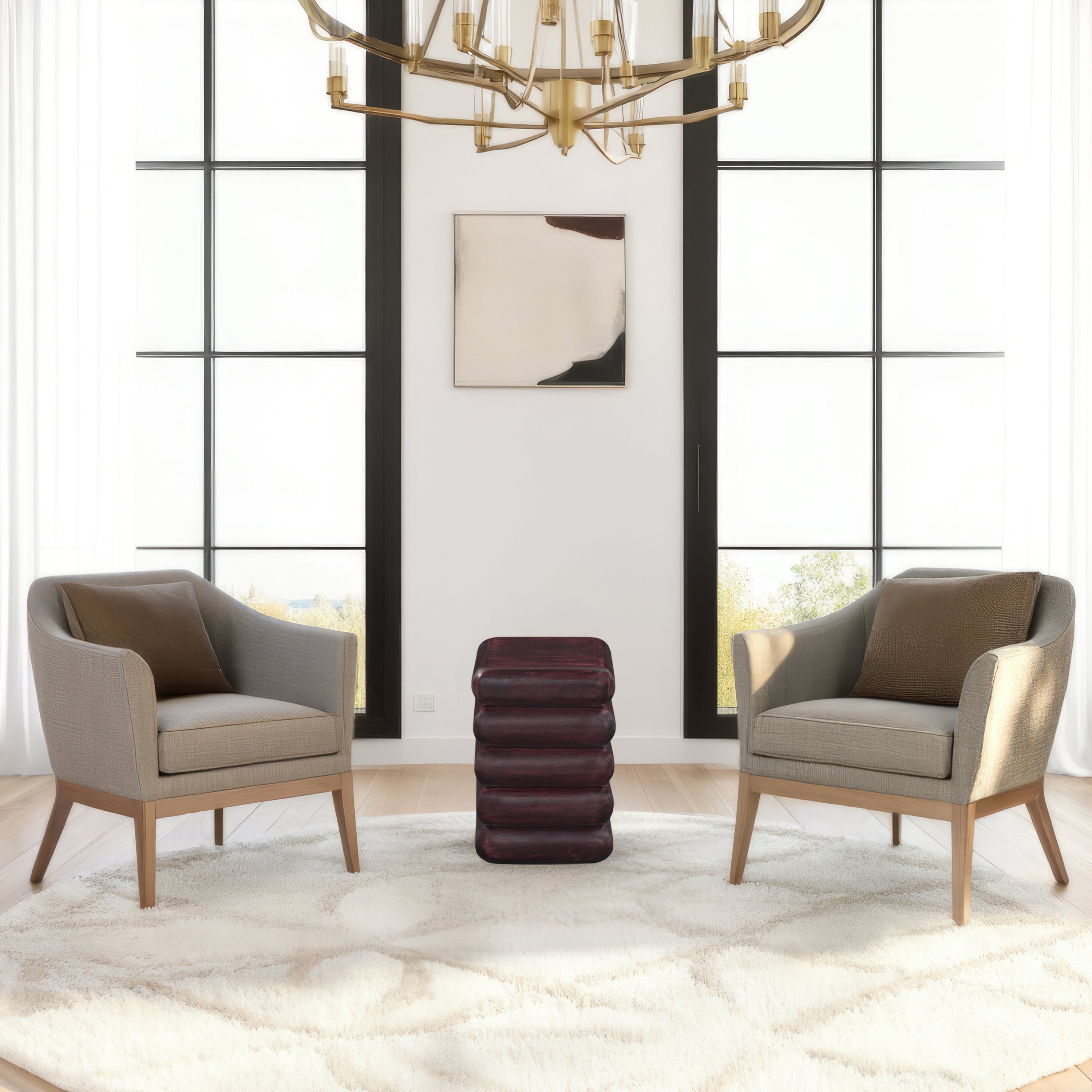 The Urban Port Zyra 18" Side End Table | Sculptural Stacked Design | Dark Cherry Brown Acacia Wood