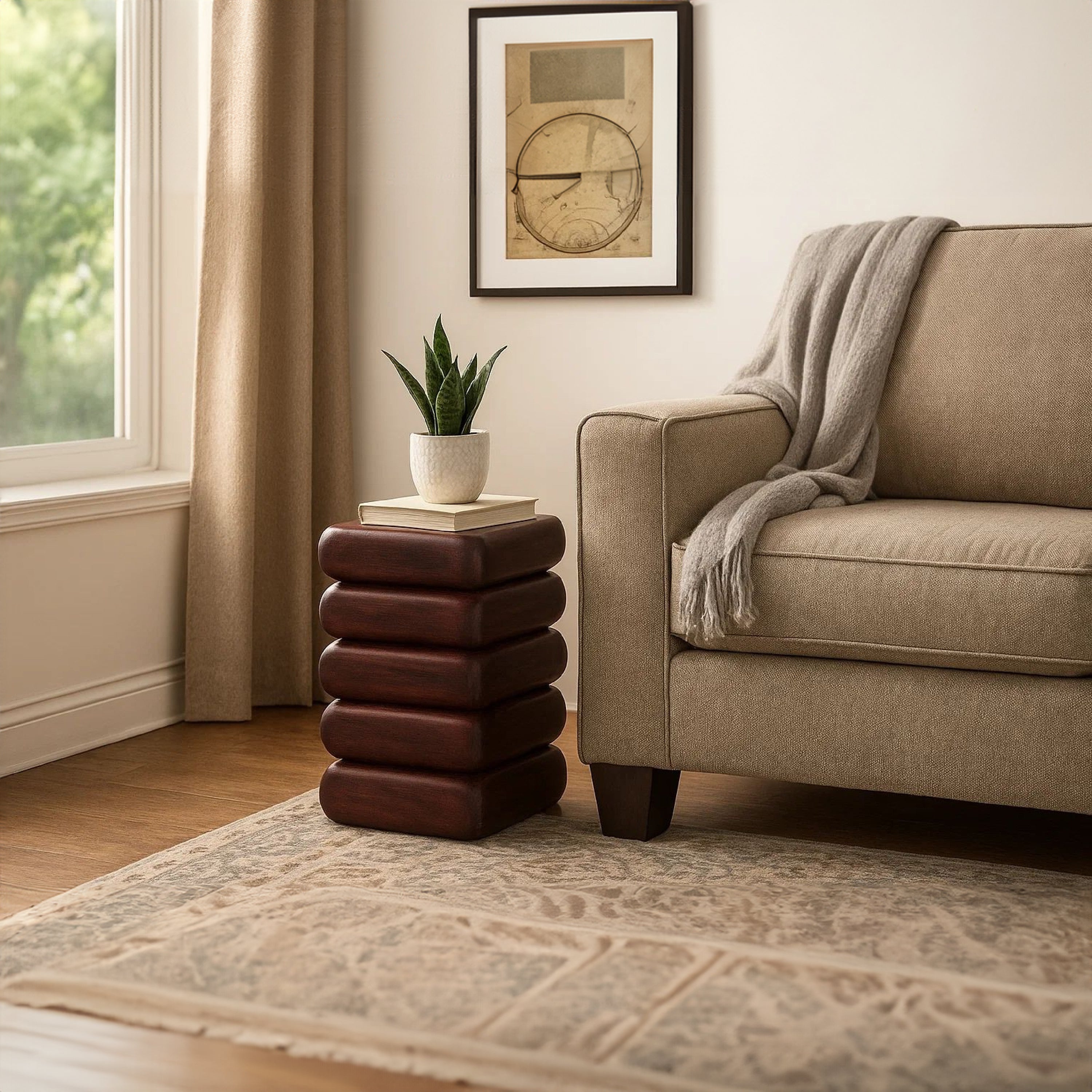 The Urban Port Zyra 18" Side End Table | Sculptural Stacked Design | Dark Cherry Brown Acacia Wood