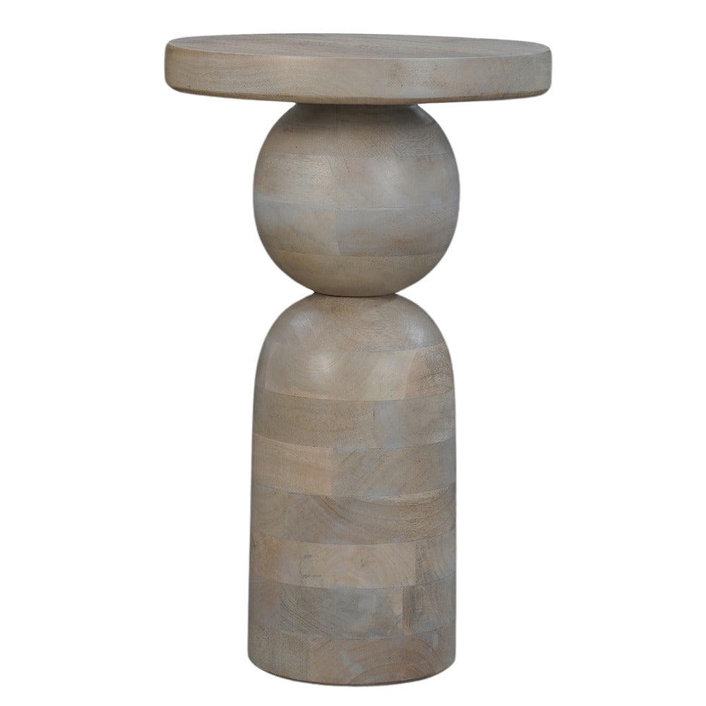 The Urban Port Tia 12 Inch Round Side End Table, Turned Pedestal Base, Beige Mango Wood in Natural Brown Finish