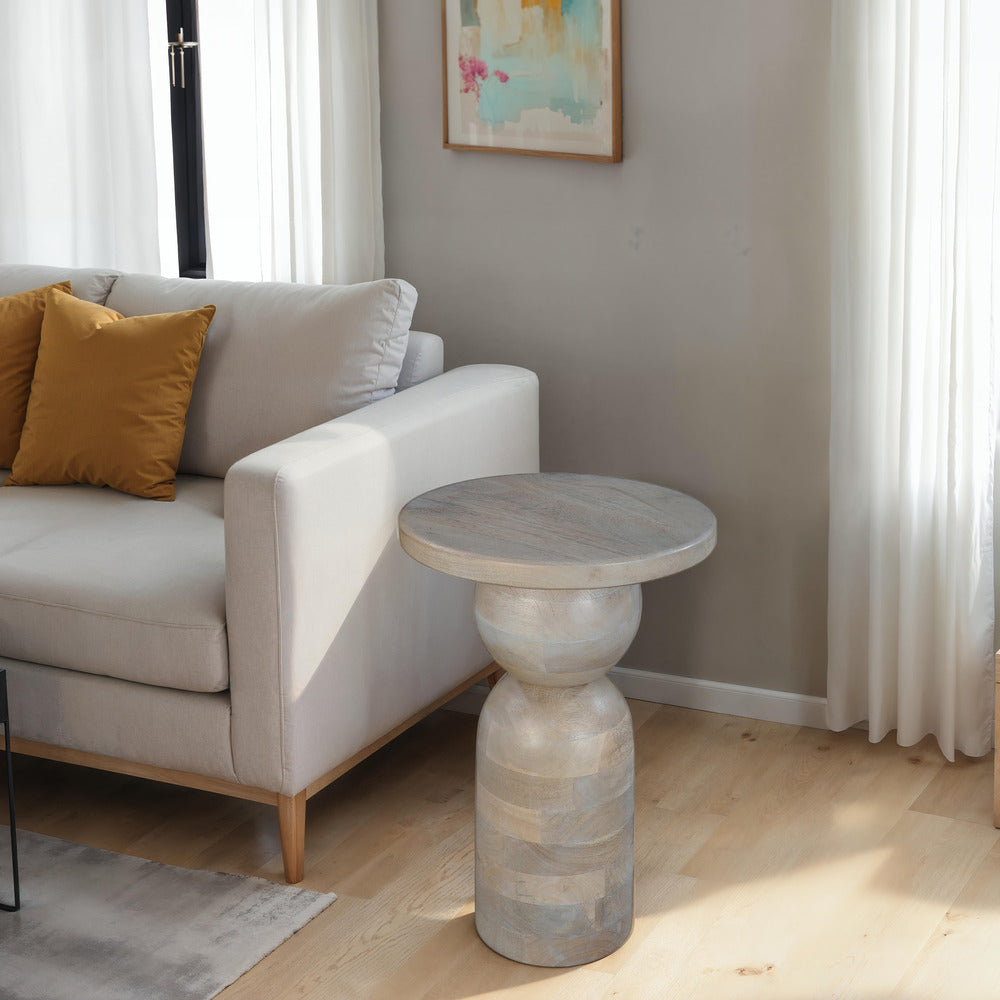 The Urban Port Tia 12 Inch Round Side End Table, Turned Pedestal Base, Beige Mango Wood in Natural Brown Finish