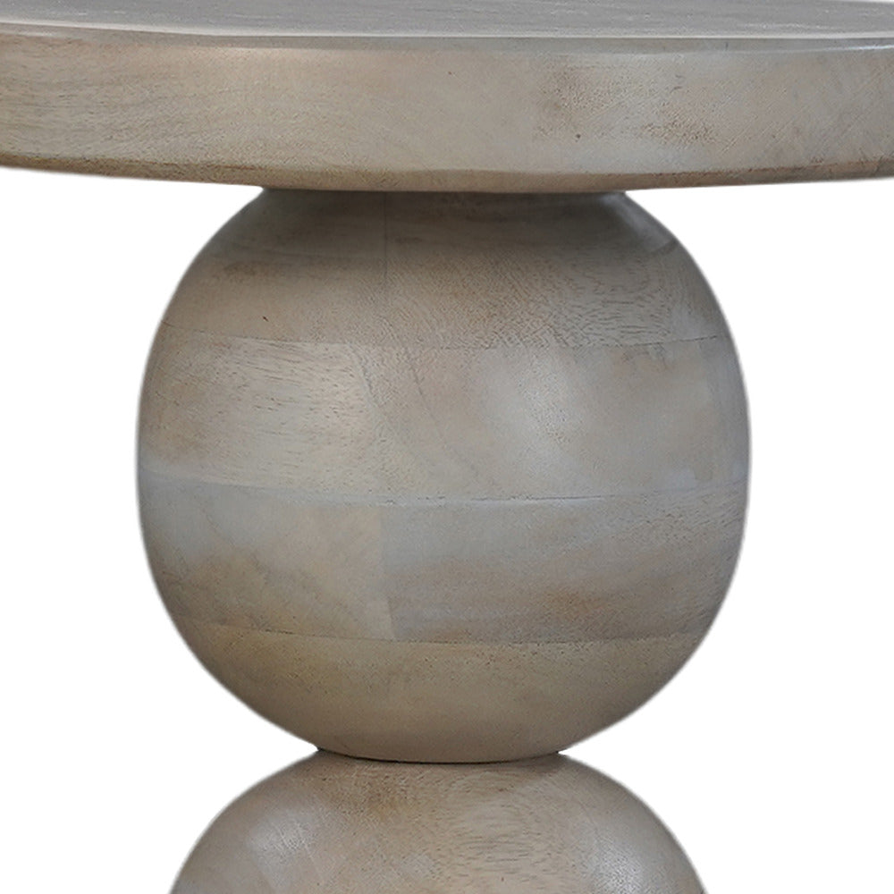 The Urban Port Tia 12 Inch Round Side End Table, Turned Pedestal Base, Beige Mango Wood in Natural Brown Finish