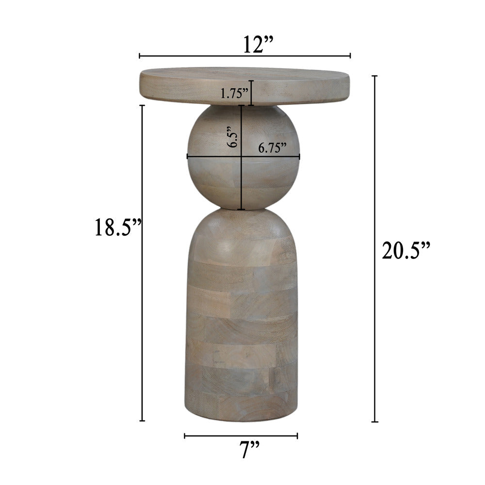 The Urban Port Tia 12 Inch Round Side End Table, Turned Pedestal Base, Beige Mango Wood in Natural Brown Finish