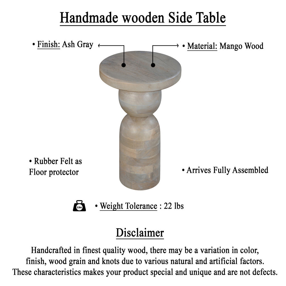 The Urban Port Tia 12 Inch Round Side End Table, Turned Pedestal Base, Beige Mango Wood in Natural Brown Finish