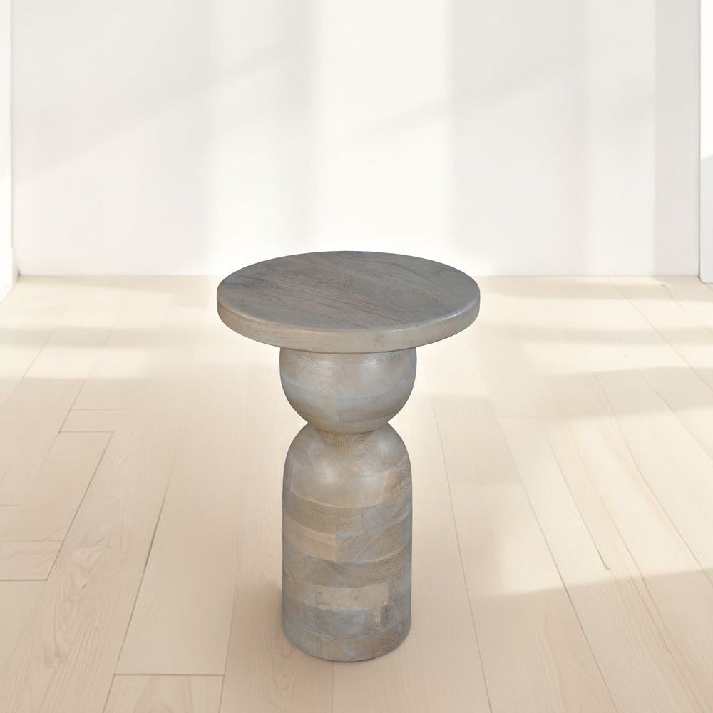 The Urban Port Tia 12 Inch Round Side End Table, Turned Pedestal Base, Beige Mango Wood in Natural Brown Finish