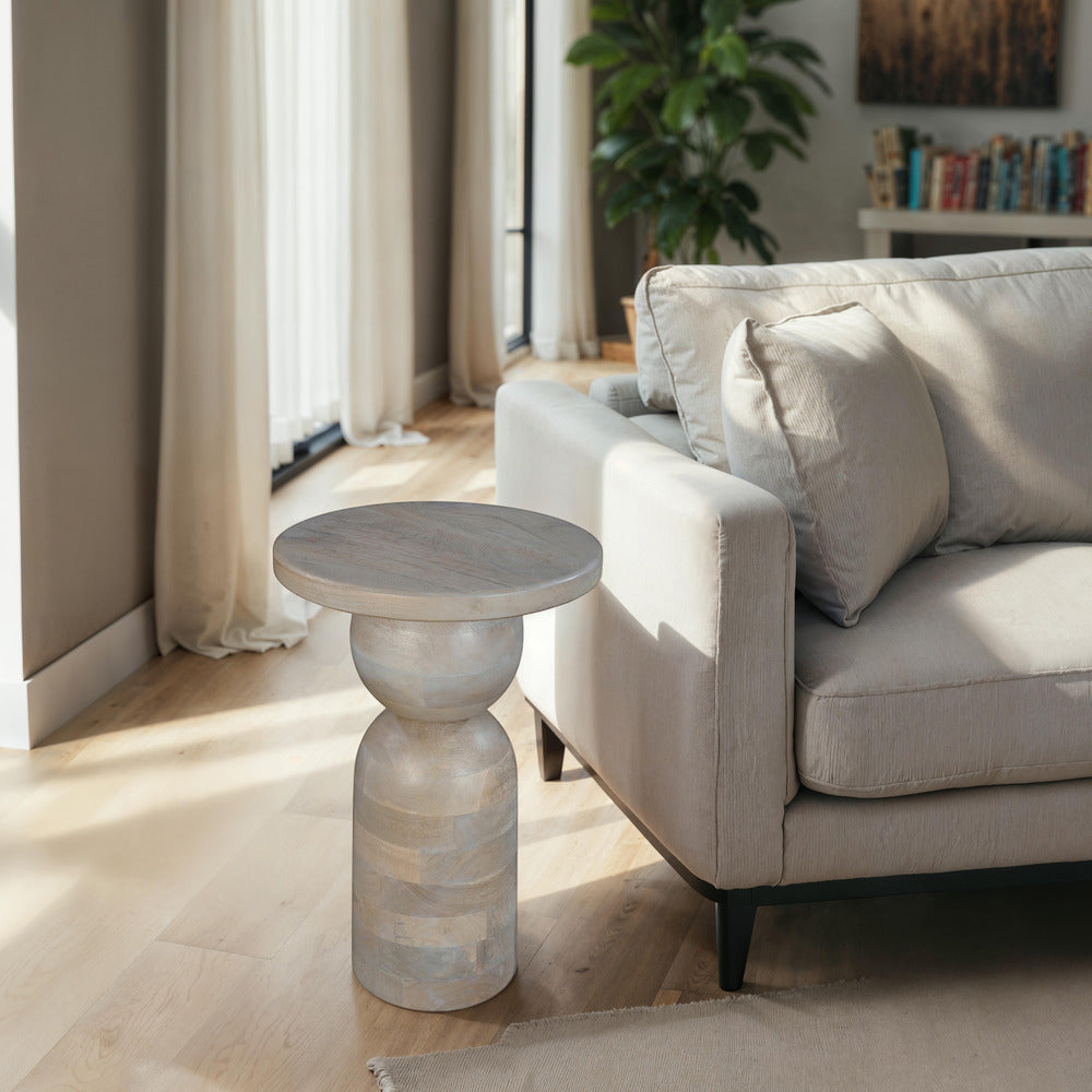 The Urban Port Tia 12 Inch Round Side End Table, Turned Pedestal Base, Beige Mango Wood in Natural Brown Finish