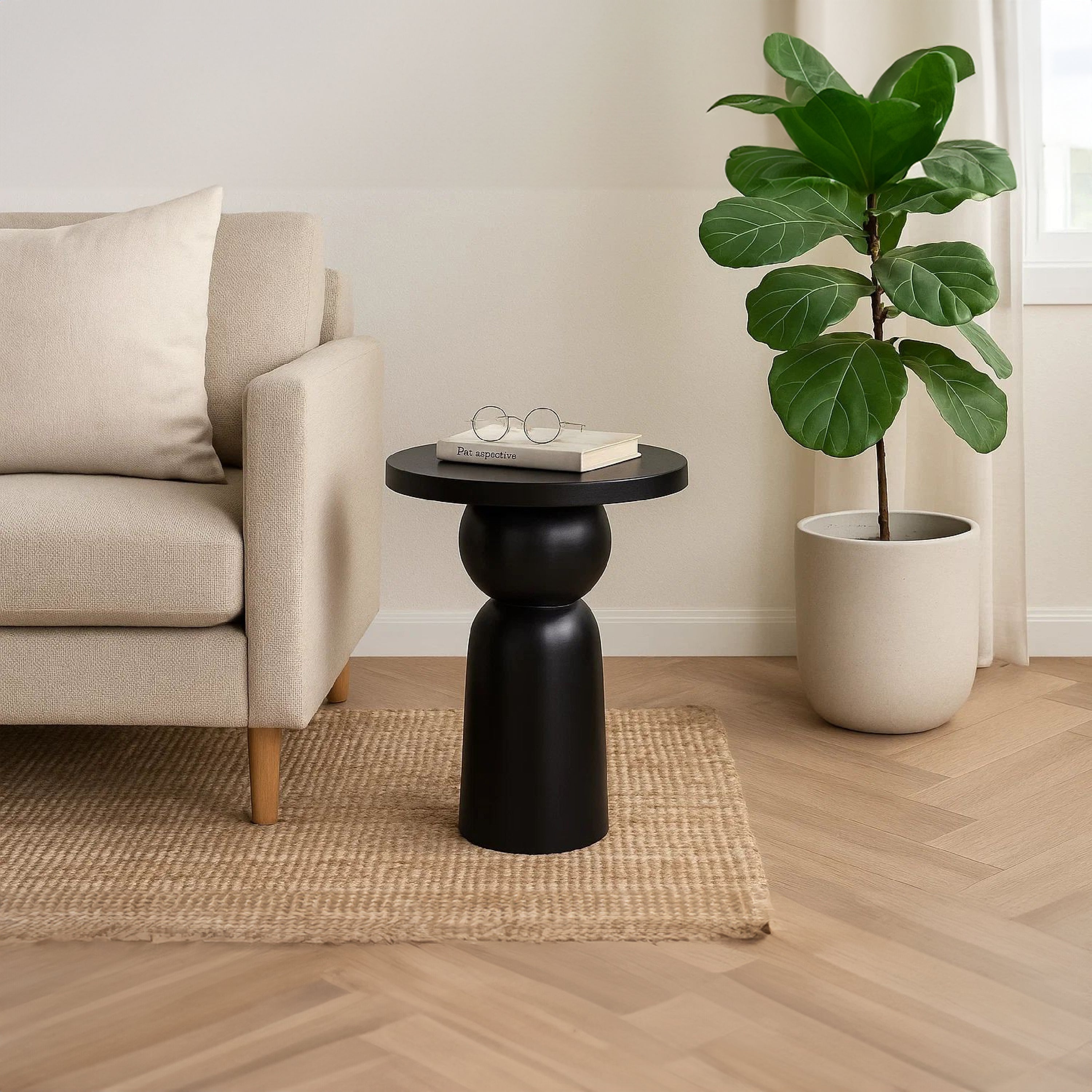 The Urban Port Tia 12 Inch Round Side End Table with Turned Pedestal Base, Mango Wood in Matte Black Finish