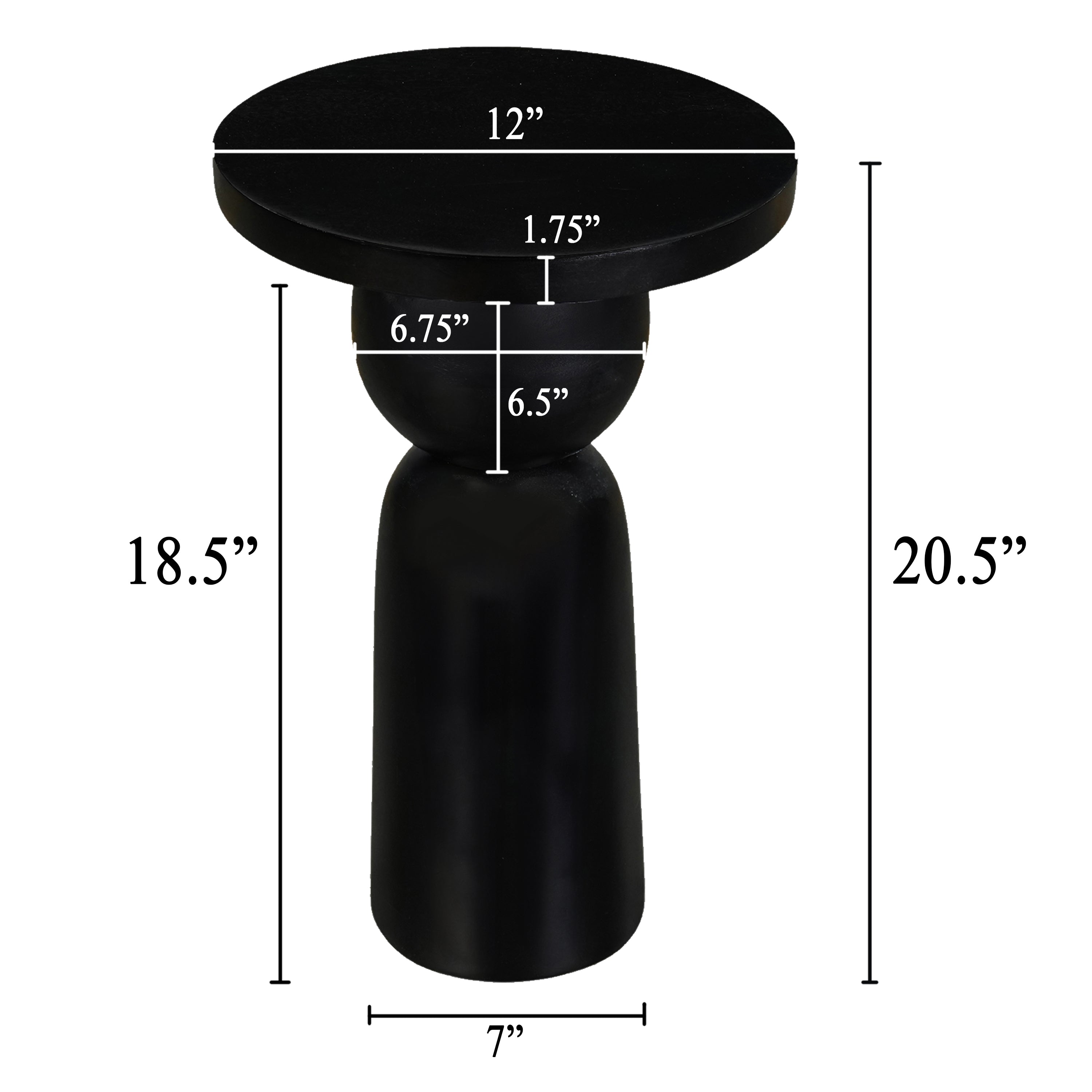 The Urban Port Tia 12 Inch Round Side End Table with Turned Pedestal Base, Mango Wood in Matte Black Finish