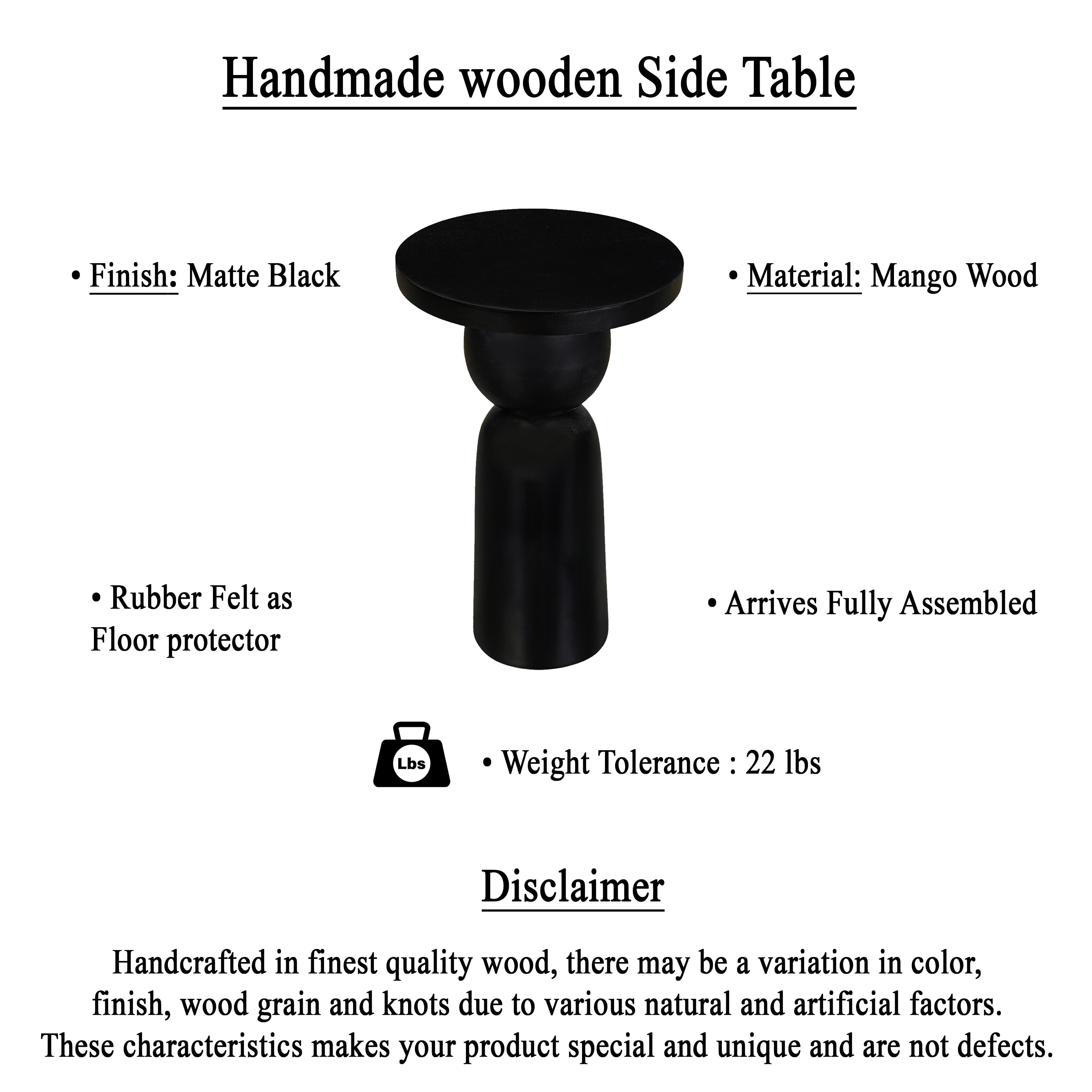 The Urban Port Tia 12 Inch Round Side End Table with Turned Pedestal Base, Mango Wood in Matte Black Finish