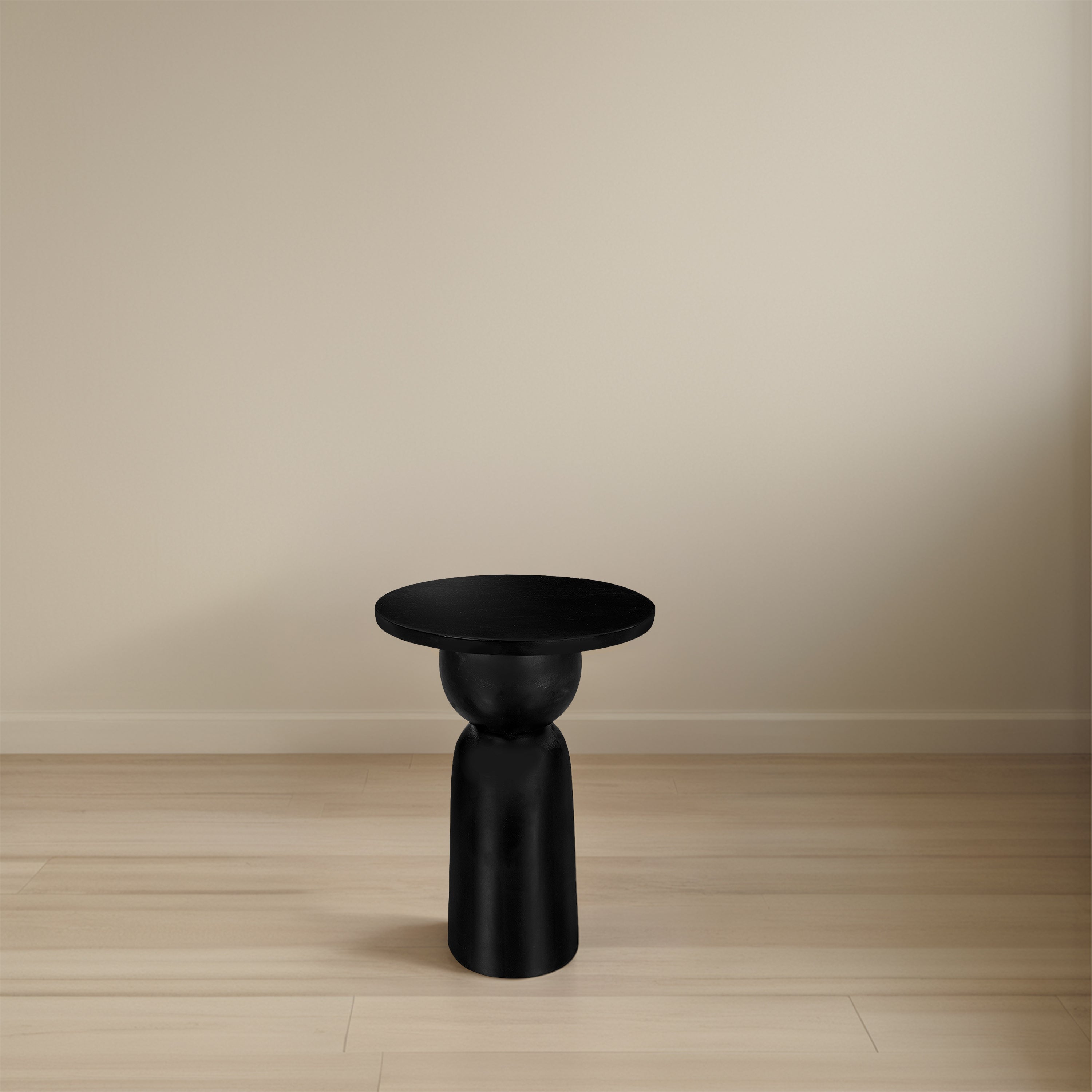 The Urban Port Tia 12 Inch Round Side End Table with Turned Pedestal Base, Mango Wood in Matte Black Finish