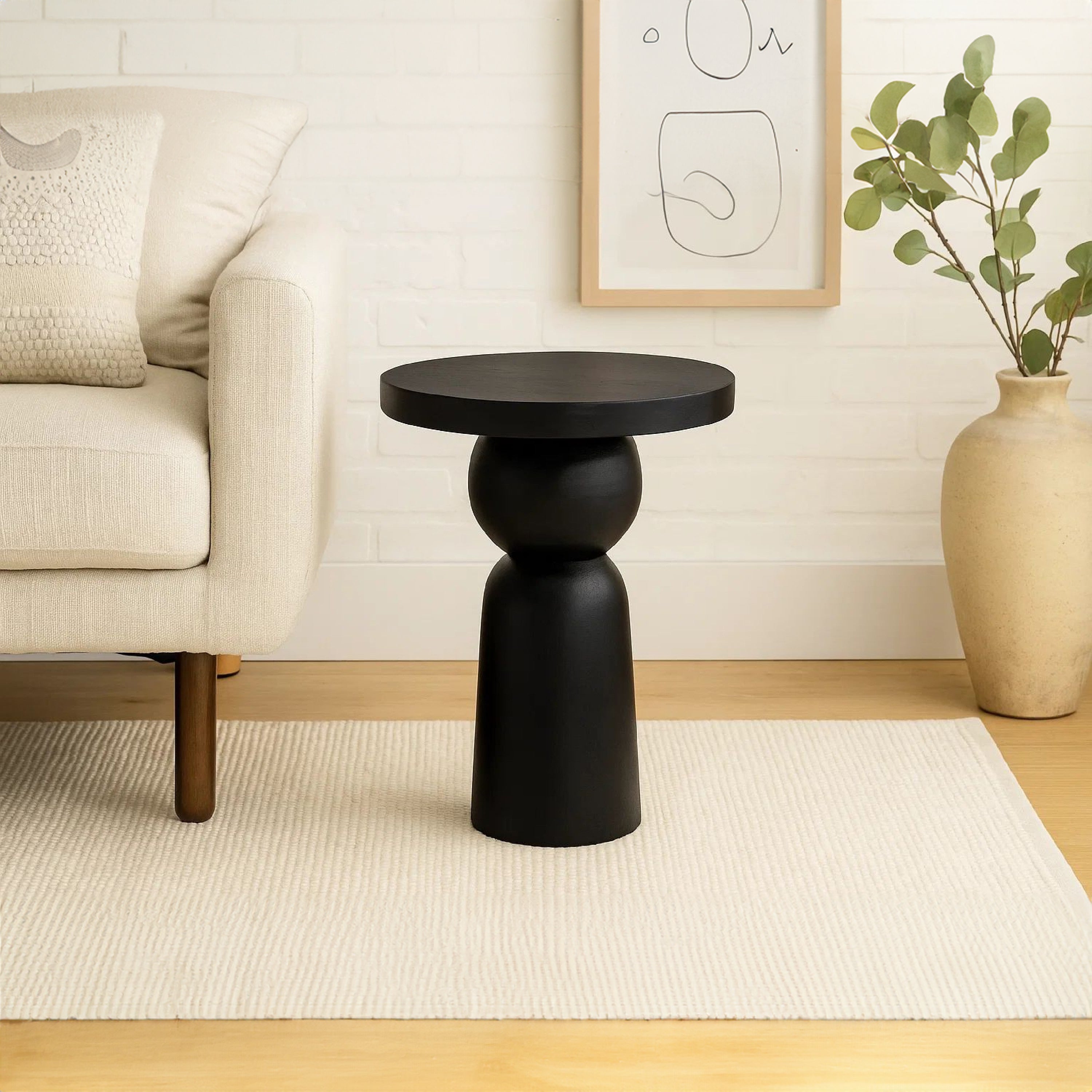 The Urban Port Tia 12 Inch Round Side End Table with Turned Pedestal Base, Mango Wood in Matte Black Finish
