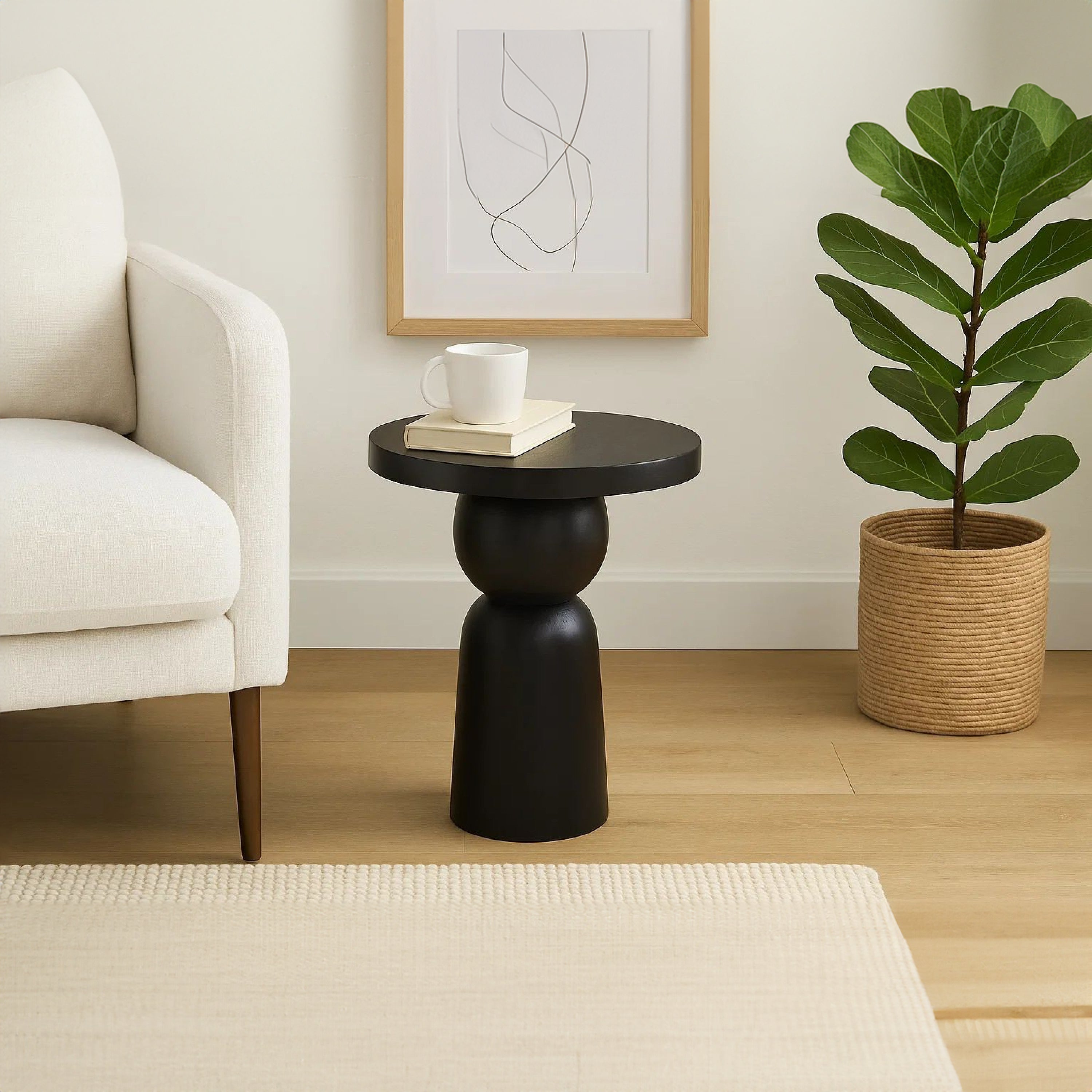 The Urban Port Tia 12 Inch Round Side End Table with Turned Pedestal Base, Mango Wood in Matte Black Finish