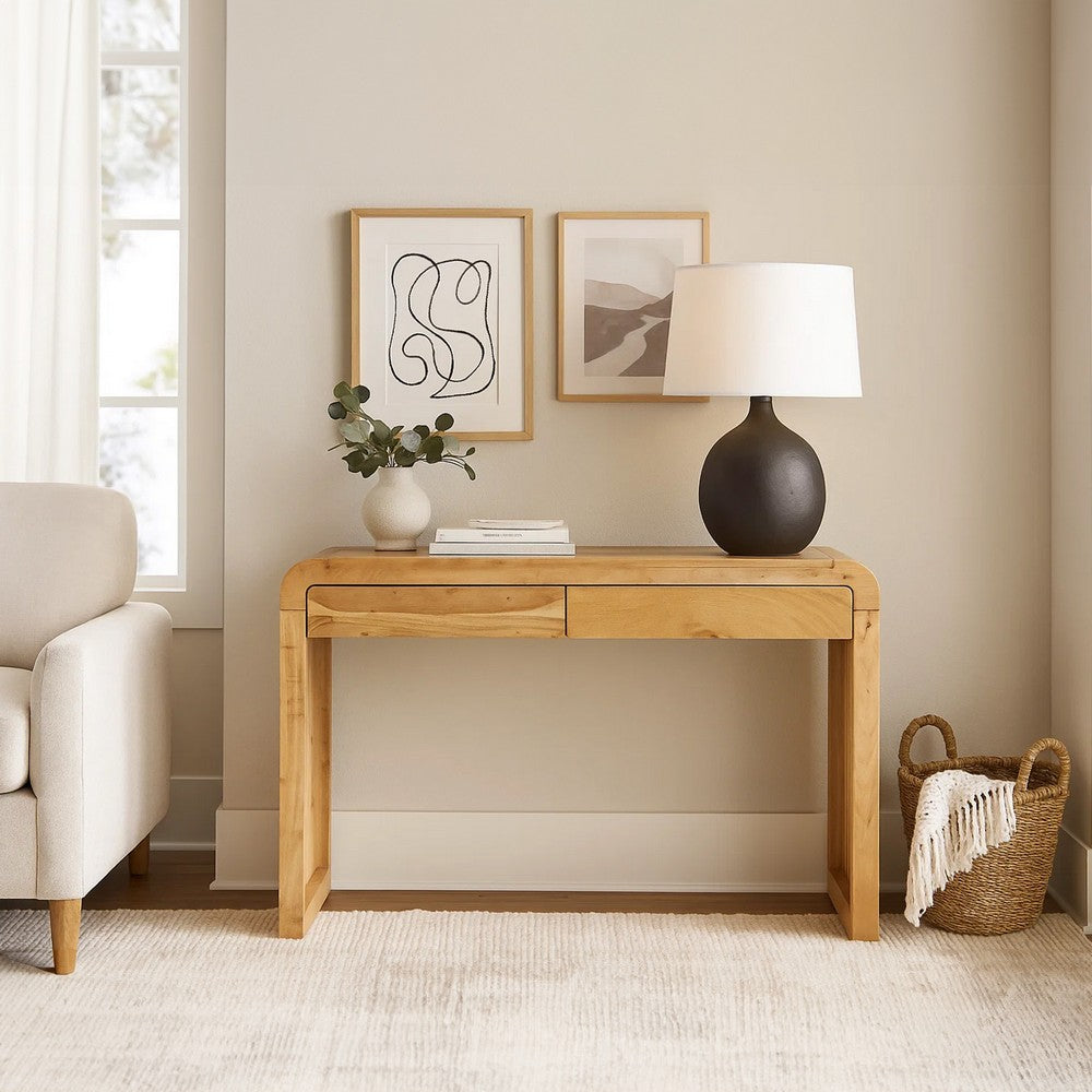 The Urban Port Arlow Console Table | 43" Wide Top | Handcrafted Natural Brown Acacia Wood | Dual Drawer Storage
