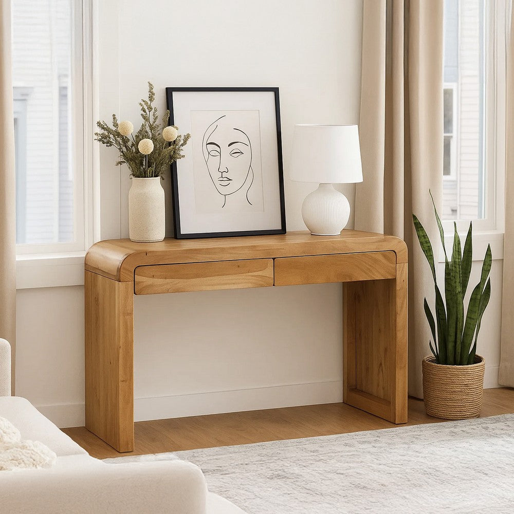 The Urban Port Arlow Console Table | 43" Wide Top | Handcrafted Natural Brown Acacia Wood | Dual Drawer Storage