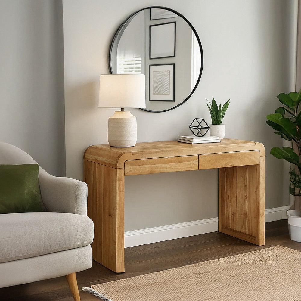 The Urban Port Arlow Console Table | 43" Wide Top | Handcrafted Natural Brown Acacia Wood | Dual Drawer Storage