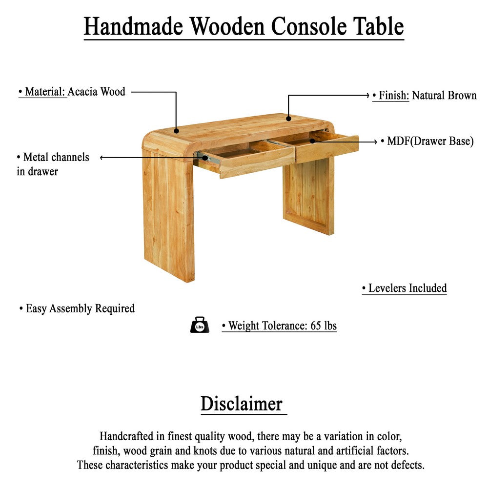 The Urban Port Arlow Console Table | 43" Wide Top | Handcrafted Natural Brown Acacia Wood | Dual Drawer Storage