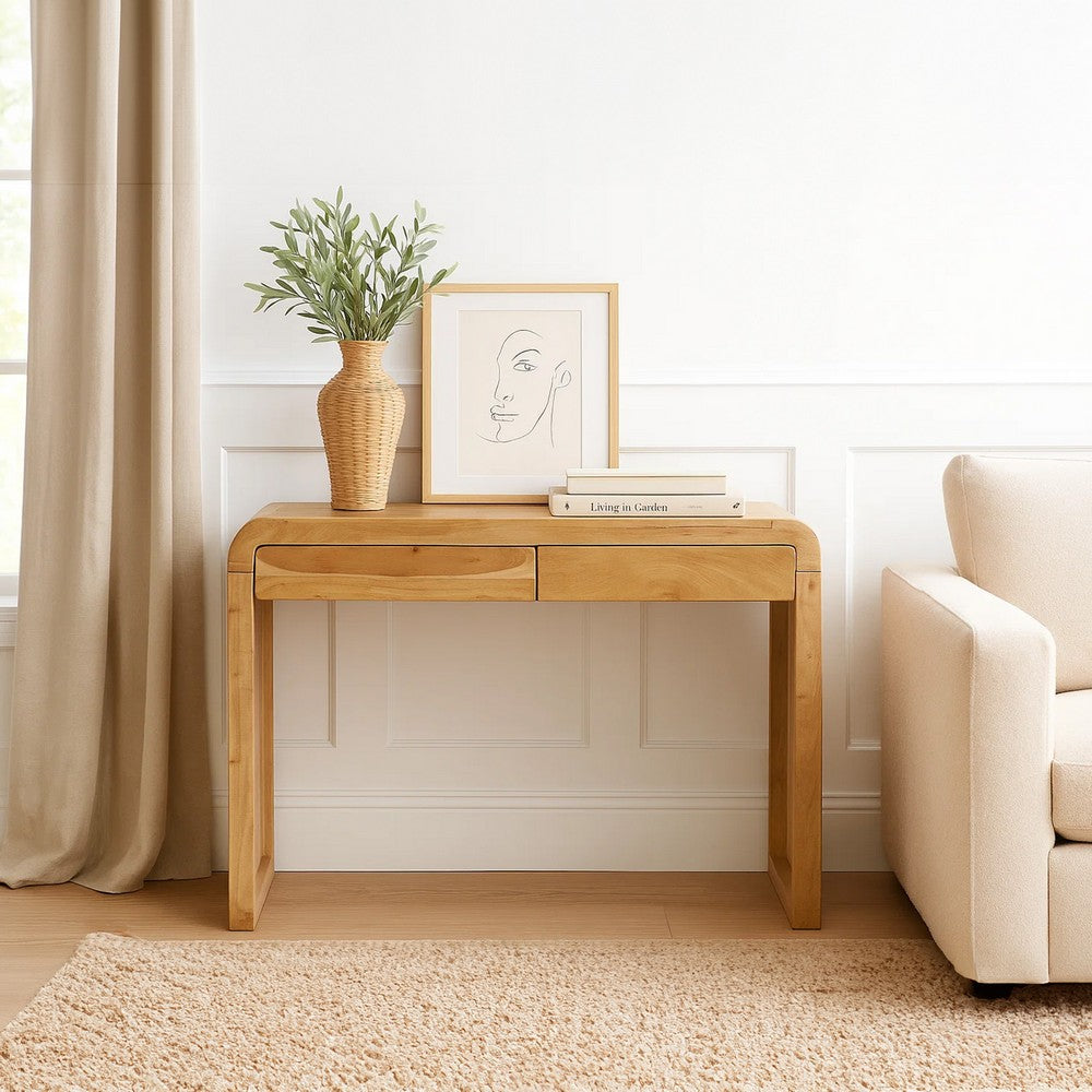 The Urban Port Arlow Console Table | 43" Wide Top | Handcrafted Natural Brown Acacia Wood | Dual Drawer Storage