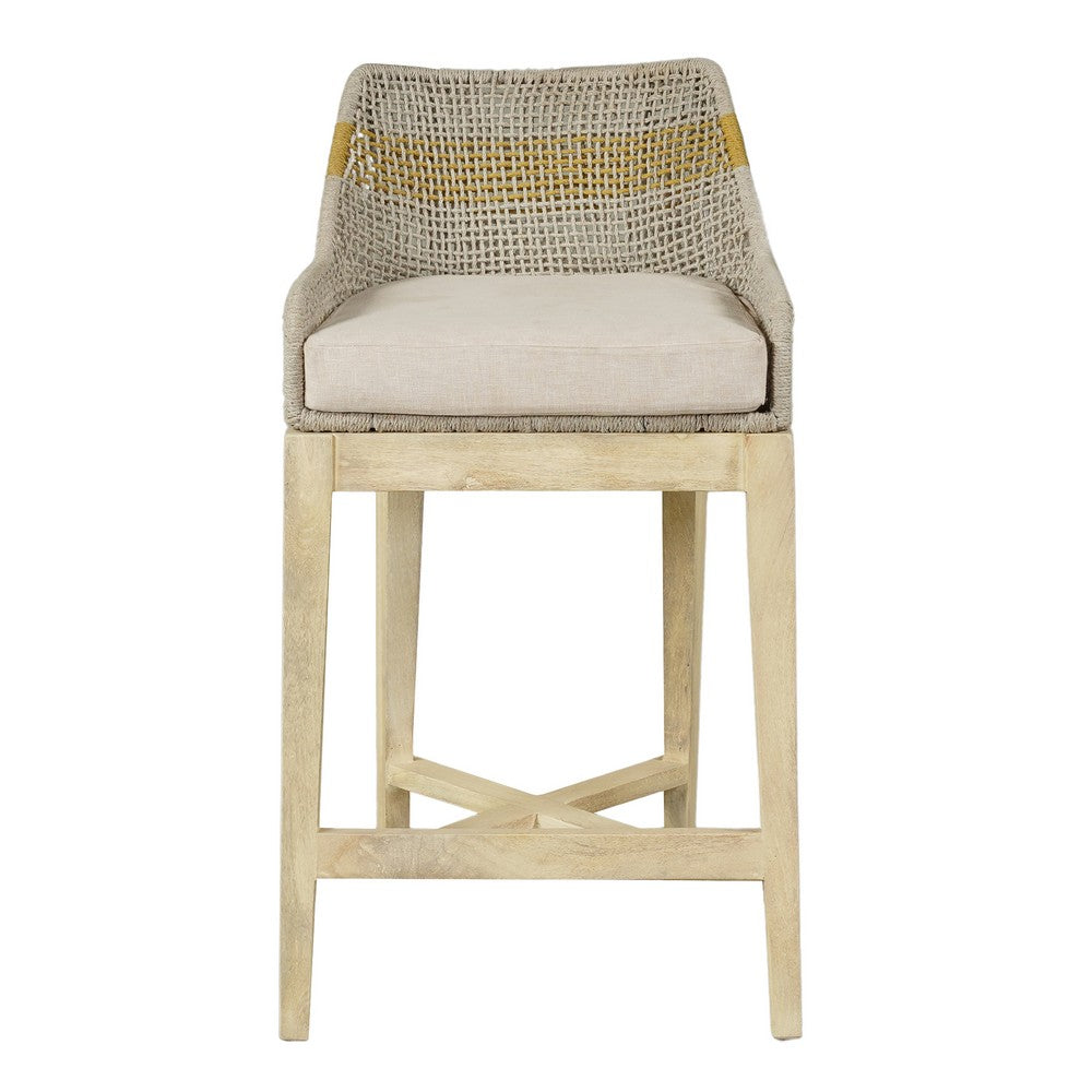 The Urban Port Avira 30 Inch Set of 2 Barstool Chairs | Handcrafted Mango Wood | Cotton Rope Weaving | Beige Cushion