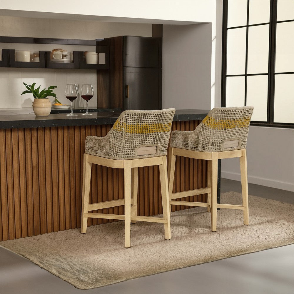The Urban Port Avira 30 Inch Set of 2 Barstool Chairs | Handcrafted Mango Wood | Cotton Rope Weaving | Beige Cushion