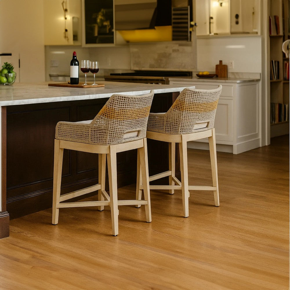 The Urban Port Avira 30 Inch Set of 2 Barstool Chairs | Handcrafted Mango Wood | Cotton Rope Weaving | Beige Cushion