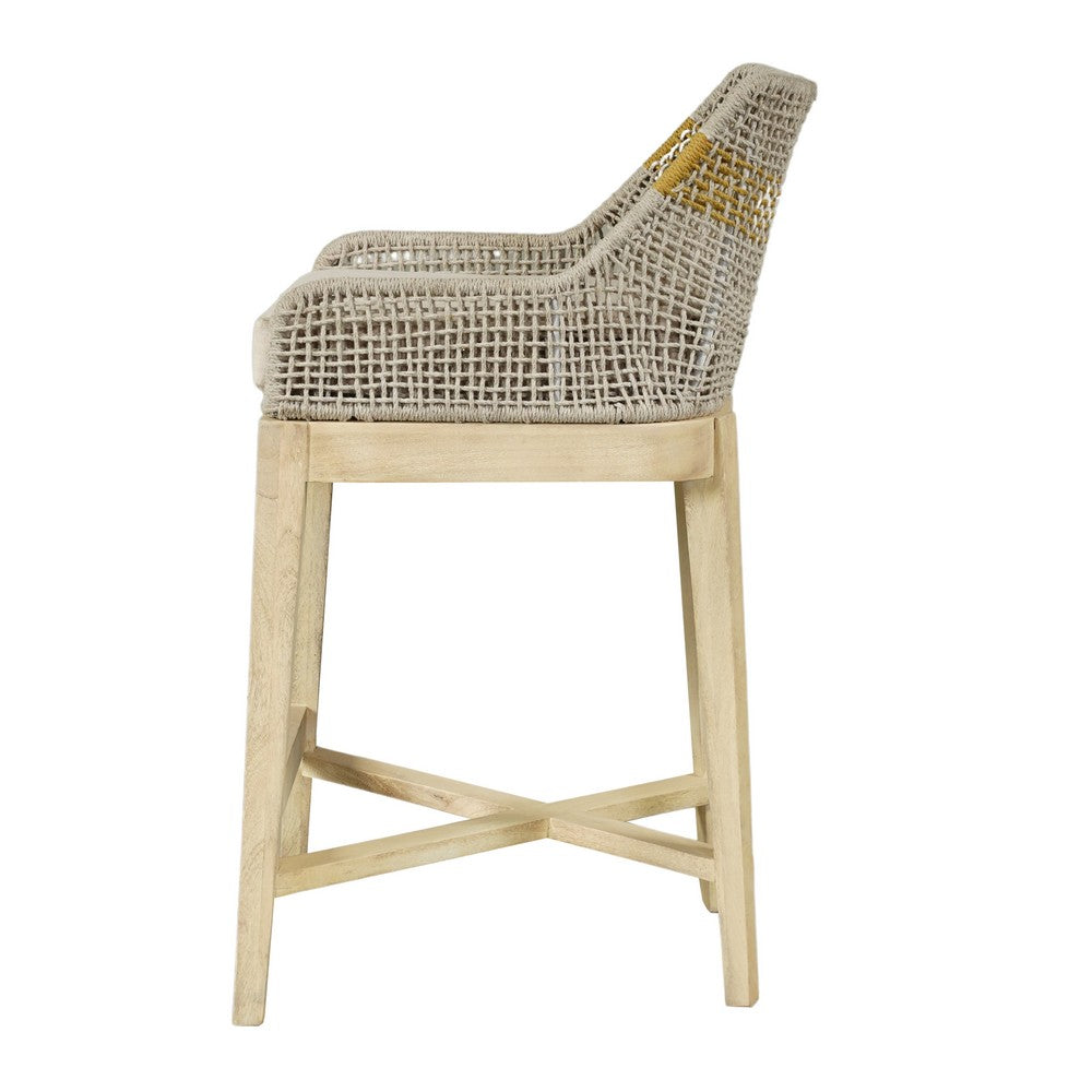 The Urban Port Avira 30 Inch Set of 2 Barstool Chairs | Handcrafted Mango Wood | Cotton Rope Weaving | Beige Cushion