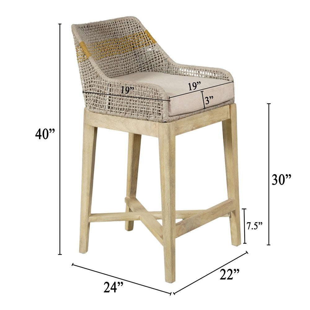 The Urban Port Avira 30 Inch Set of 2 Barstool Chairs | Handcrafted Mango Wood | Cotton Rope Weaving | Beige Cushion