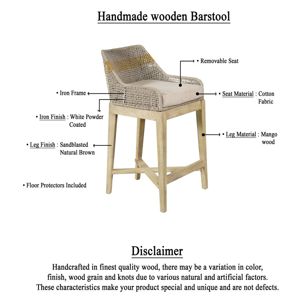 The Urban Port Avira 30 Inch Set of 2 Barstool Chairs | Handcrafted Mango Wood | Cotton Rope Weaving | Beige Cushion