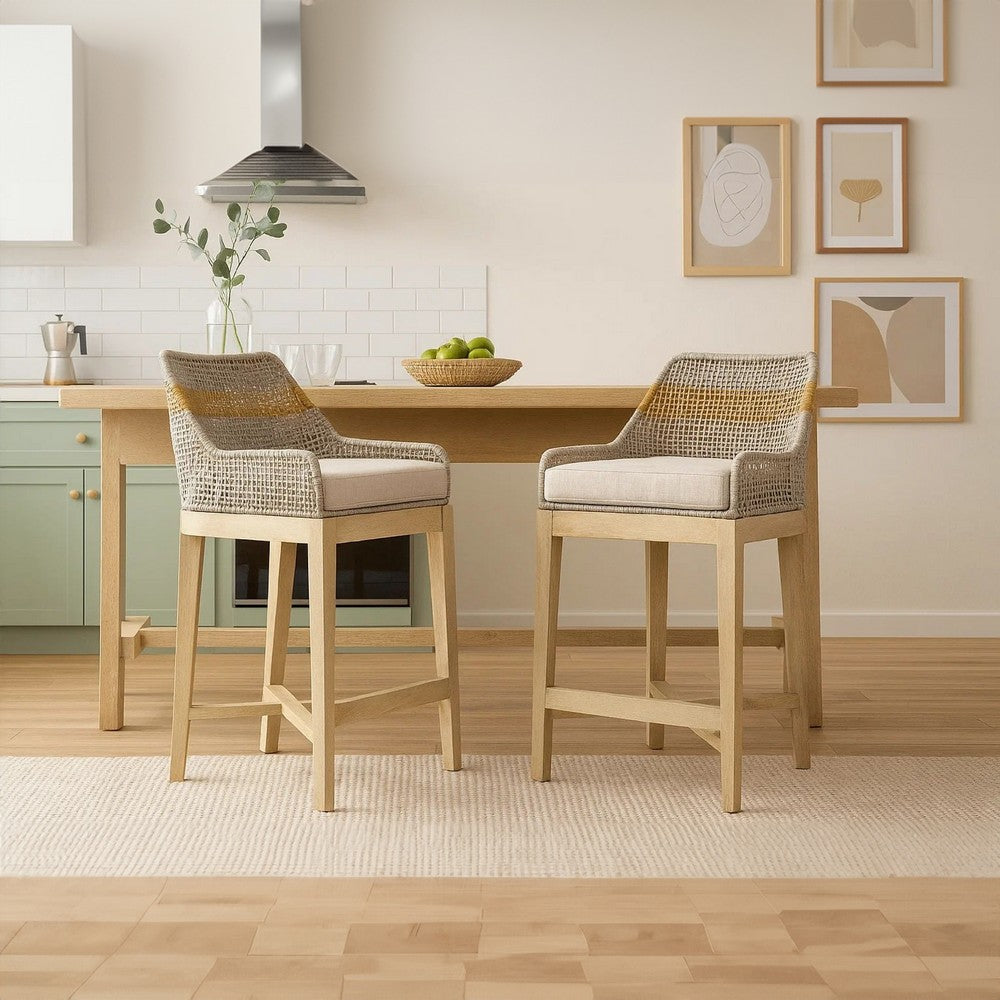 The Urban Port Avira 30 Inch Set of 2 Barstool Chairs | Handcrafted Mango Wood | Cotton Rope Weaving | Beige Cushion