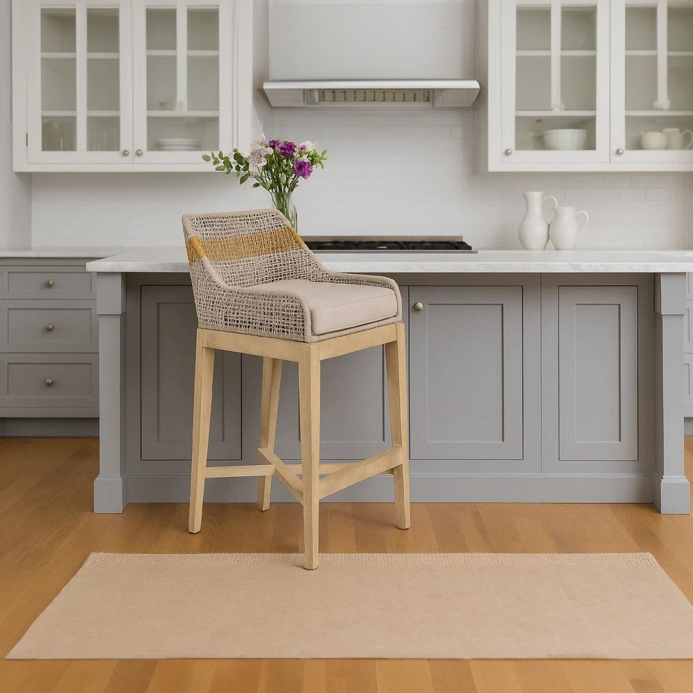 The Urban Port Avira 30 Inch Barstool Chair | Handcrafted Mango Wood | Cotton Rope Weaving | Beige Cushion