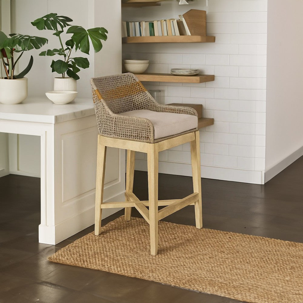 The Urban Port Avira 30 Inch Barstool Chair | Handcrafted Mango Wood | Cotton Rope Weaving | Beige Cushion