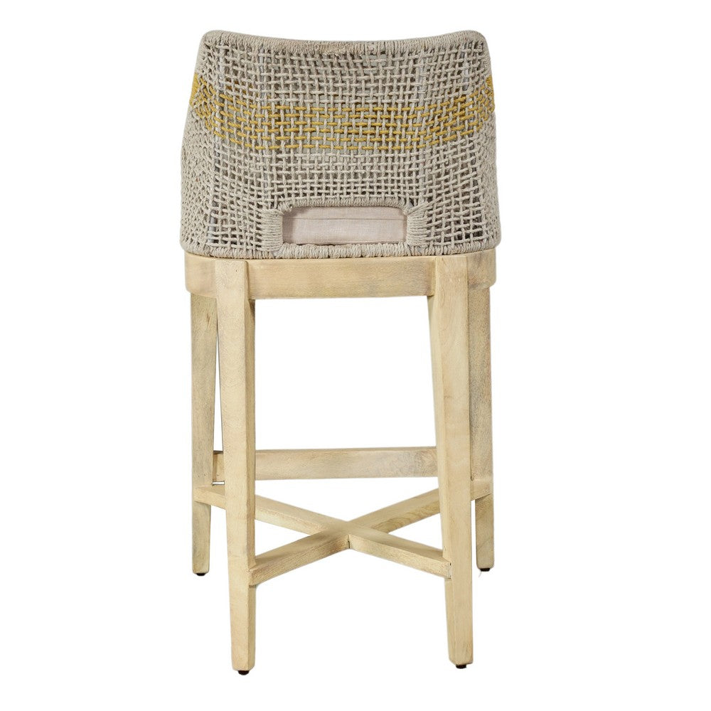The Urban Port Avira 30 Inch Barstool Chair | Handcrafted Mango Wood | Cotton Rope Weaving | Beige Cushion