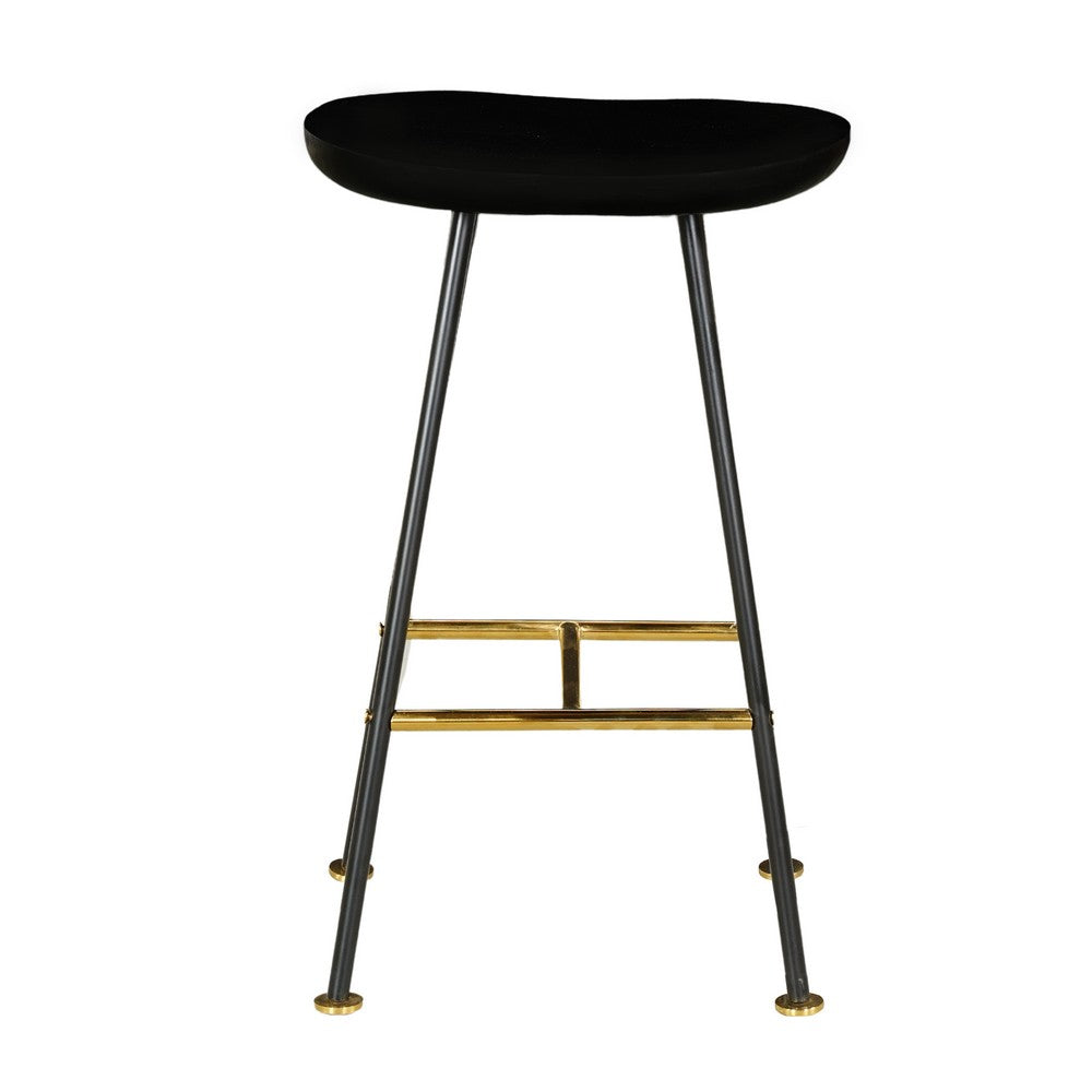 The Urban Port Elira 24" Backless Counter Stool with Mango Wood Saddle Seat | Black Iron Legs | Gold Footrest