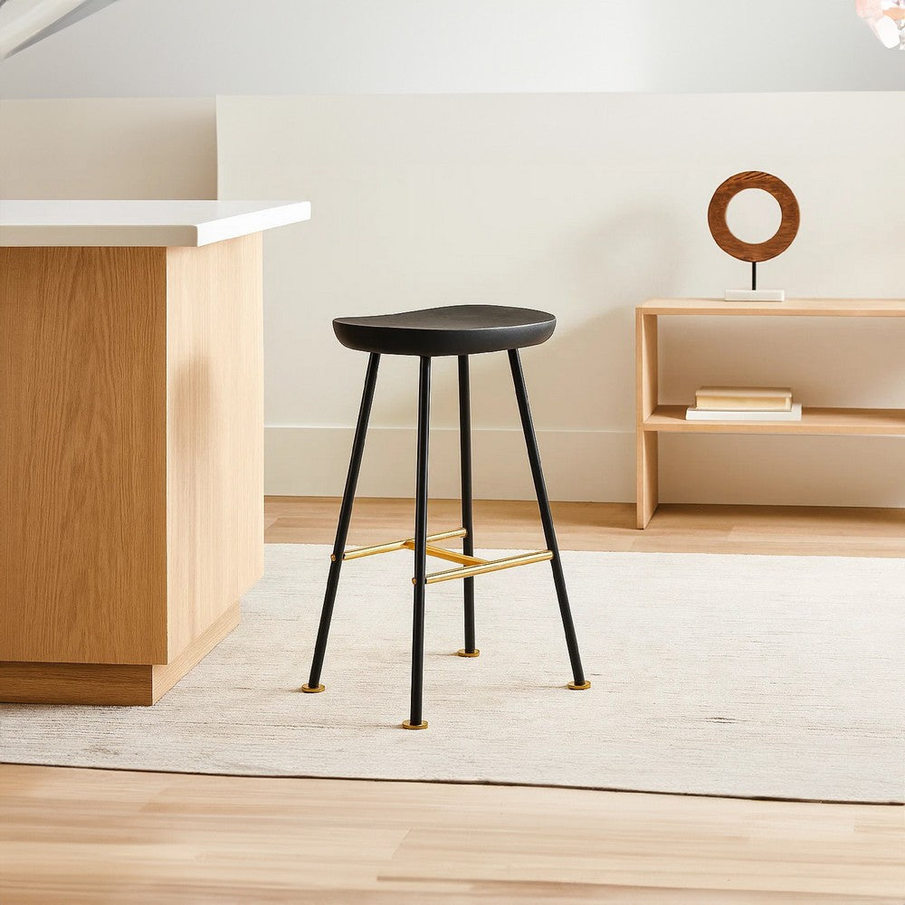 The Urban Port Elira 24" Backless Counter Stool with Mango Wood Saddle Seat | Black Iron Legs | Gold Footrest