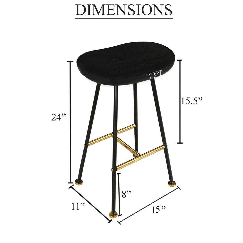 The Urban Port Elira 24" Backless Counter Stool with Mango Wood Saddle Seat | Black Iron Legs | Gold Footrest