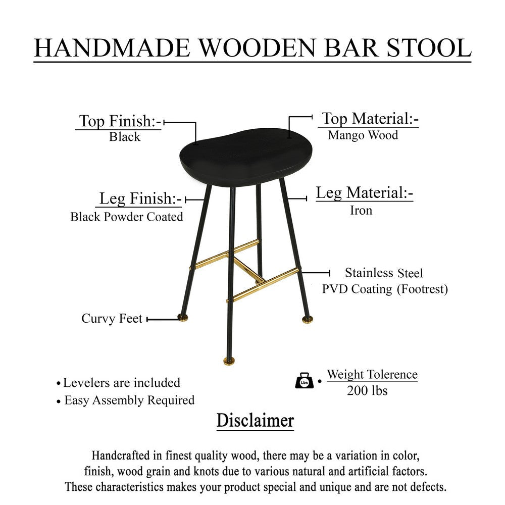 The Urban Port Elira 24" Backless Counter Stool with Mango Wood Saddle Seat | Black Iron Legs | Gold Footrest