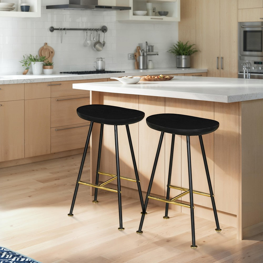 The Urban Port Elira 24" Backless Counter Stool with Mango Wood Saddle Seat | Black Iron Legs | Gold Footrest