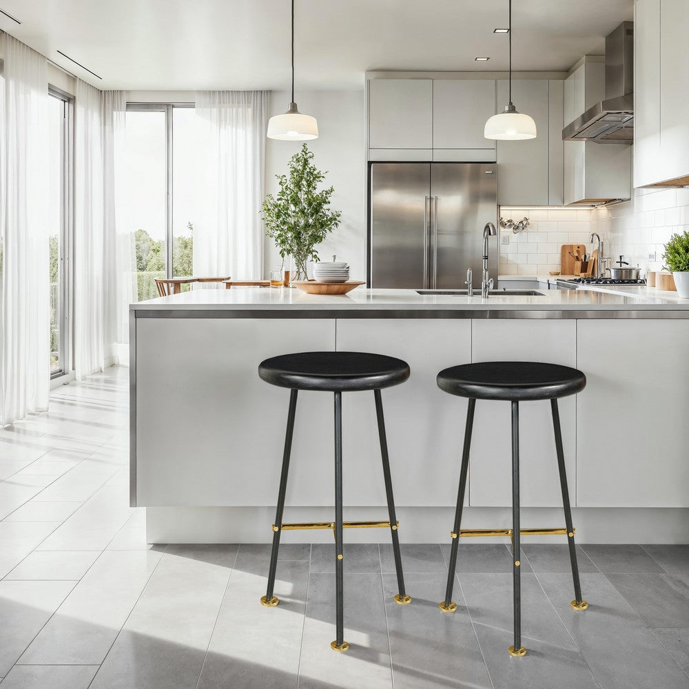 The Urban Port Elira 24 Inch Backless Counter Barstool with Round Mango Wood Seat | Black Iron Legs | Gold Footrest