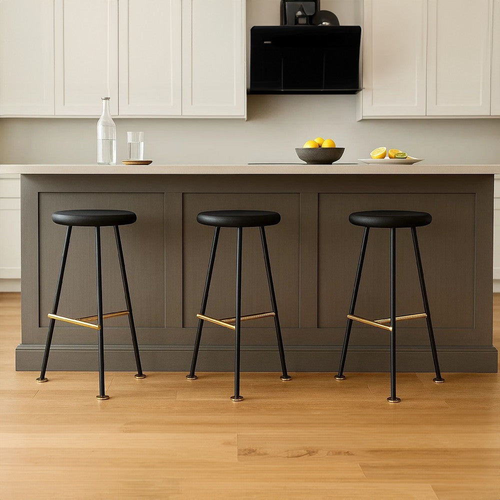The Urban Port Elira 24 Inch Backless Counter Barstool with Round Mango Wood Seat | Black Iron Legs | Gold Footrest