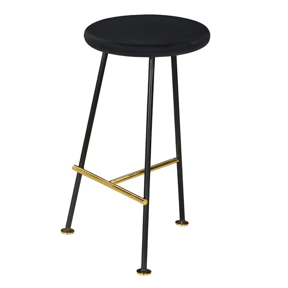 The Urban Port Elira 24 Inch Backless Counter Barstool with Round Mango Wood Seat | Black Iron Legs | Gold Footrest