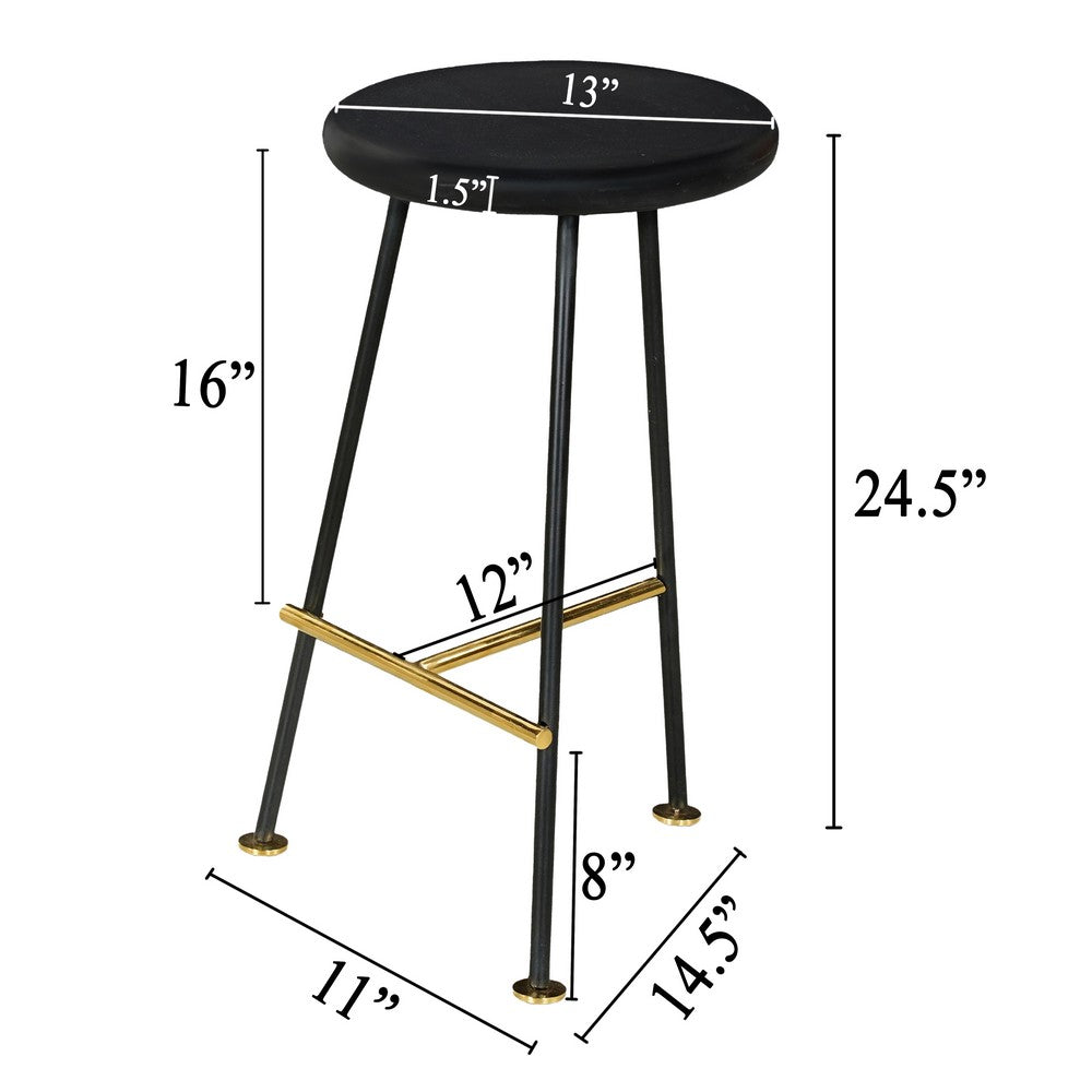 The Urban Port Elira 24 Inch Backless Counter Barstool with Round Mango Wood Seat | Black Iron Legs | Gold Footrest