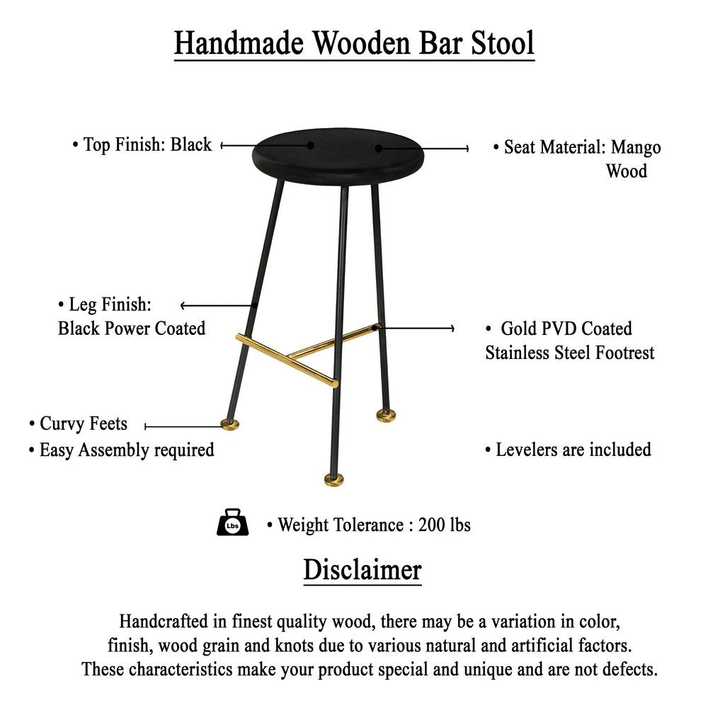 The Urban Port Elira 24 Inch Backless Counter Barstool with Round Mango Wood Seat | Black Iron Legs | Gold Footrest