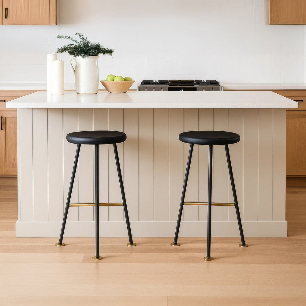 The Urban Port Elira 24 Inch Backless Counter Barstool with Round Mango Wood Seat | Black Iron Legs | Gold Footrest